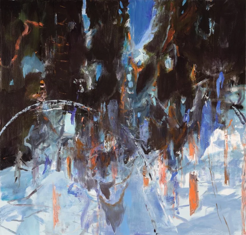 Abstract painting of a winter landscape with dark trees, snow, and hints of blue and orange colors.