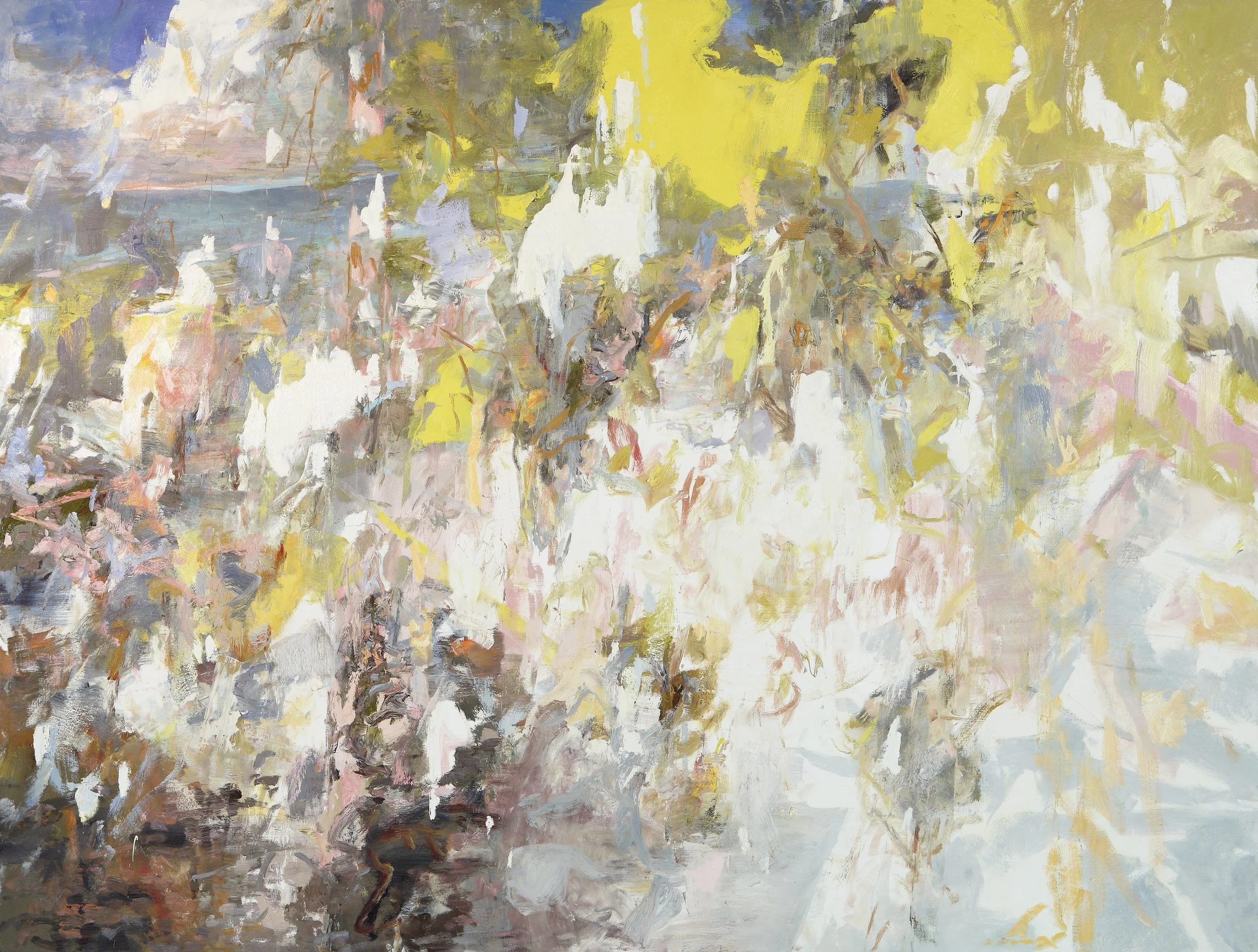 An abstract painting with streaks of yellow, gray, white, and muted pink and purple hues.