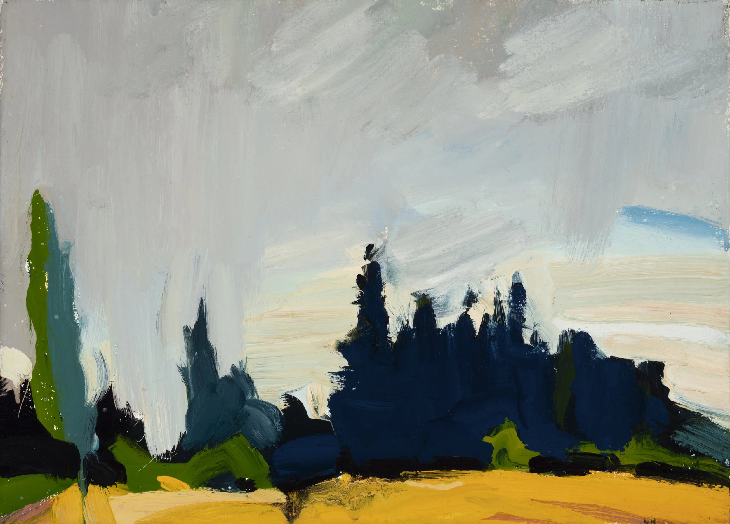 An abstract painting with vibrant colors including green, yellow, black, blue, and white, depicting a landscape with hills, trees, and sky.