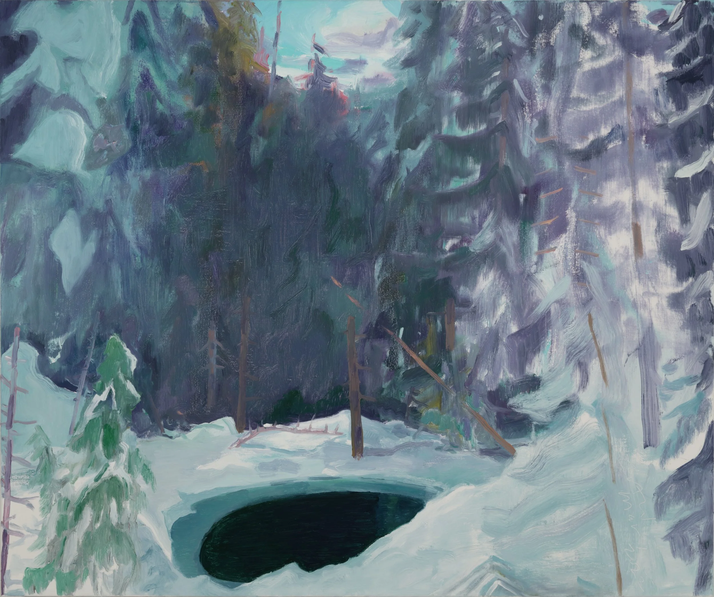An impressionist painting depicting a winter landscape with snow-covered ground, dark green pine trees, and a partially frozen river. The sky is overcast with muted colors.