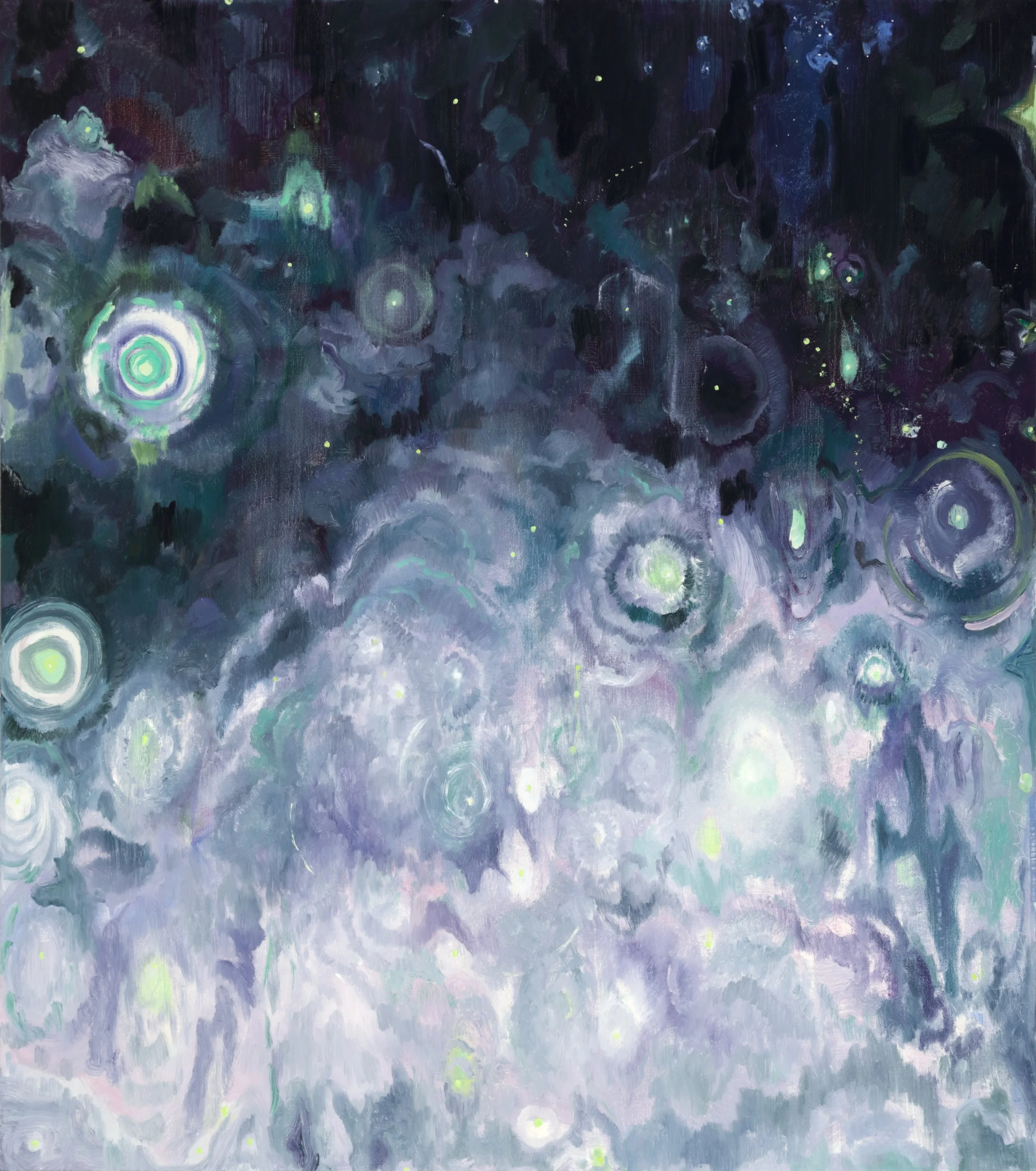 A night sky filled with swirling, glowing stars and celestial patterns, painted in shades of purple, blue, green, and white.