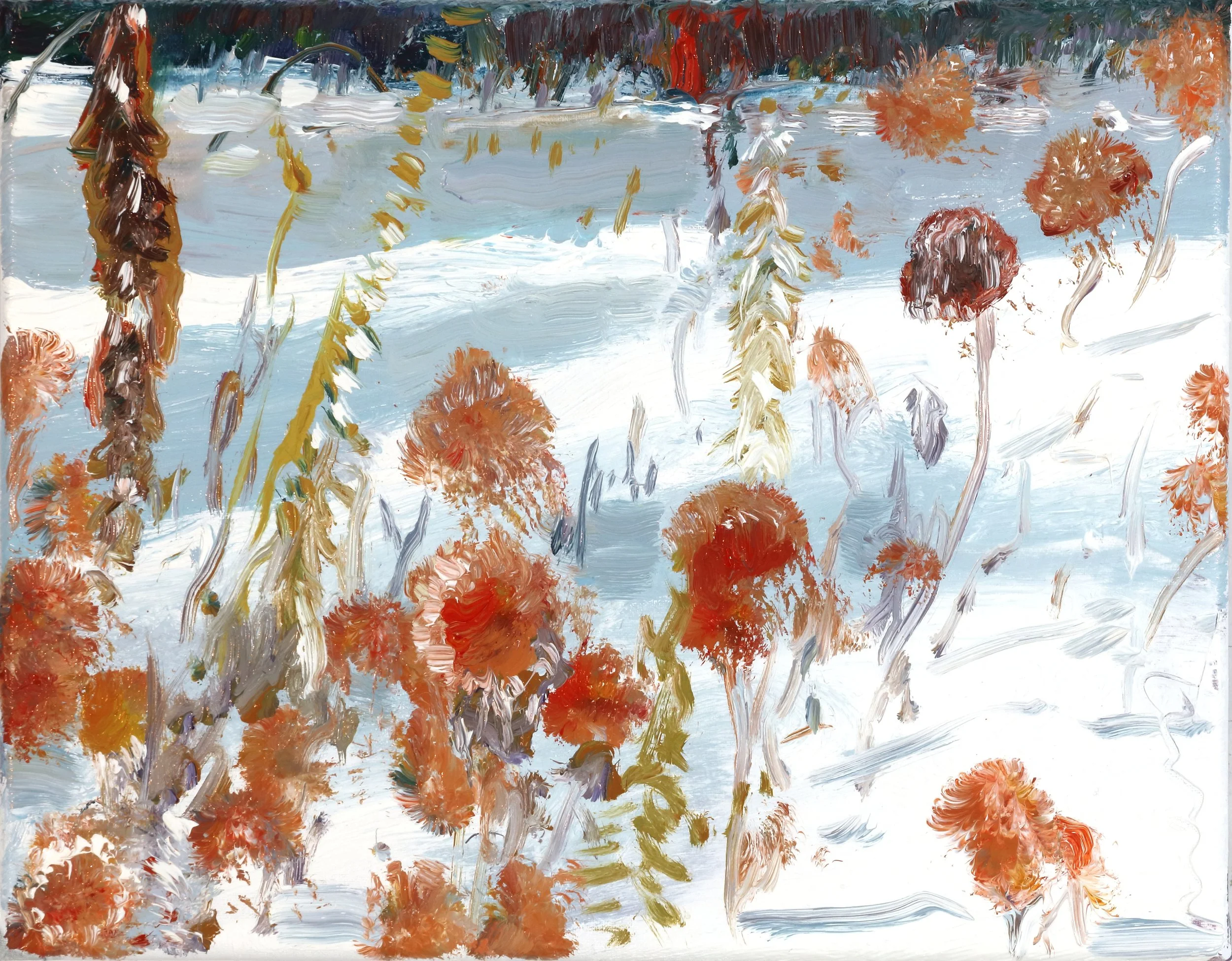 An abstract landscape painting with brushstrokes of orange, red, yellow, green, blue, purple, and white. The scene suggests a field of tall flowers or grasses with a sky in the background.