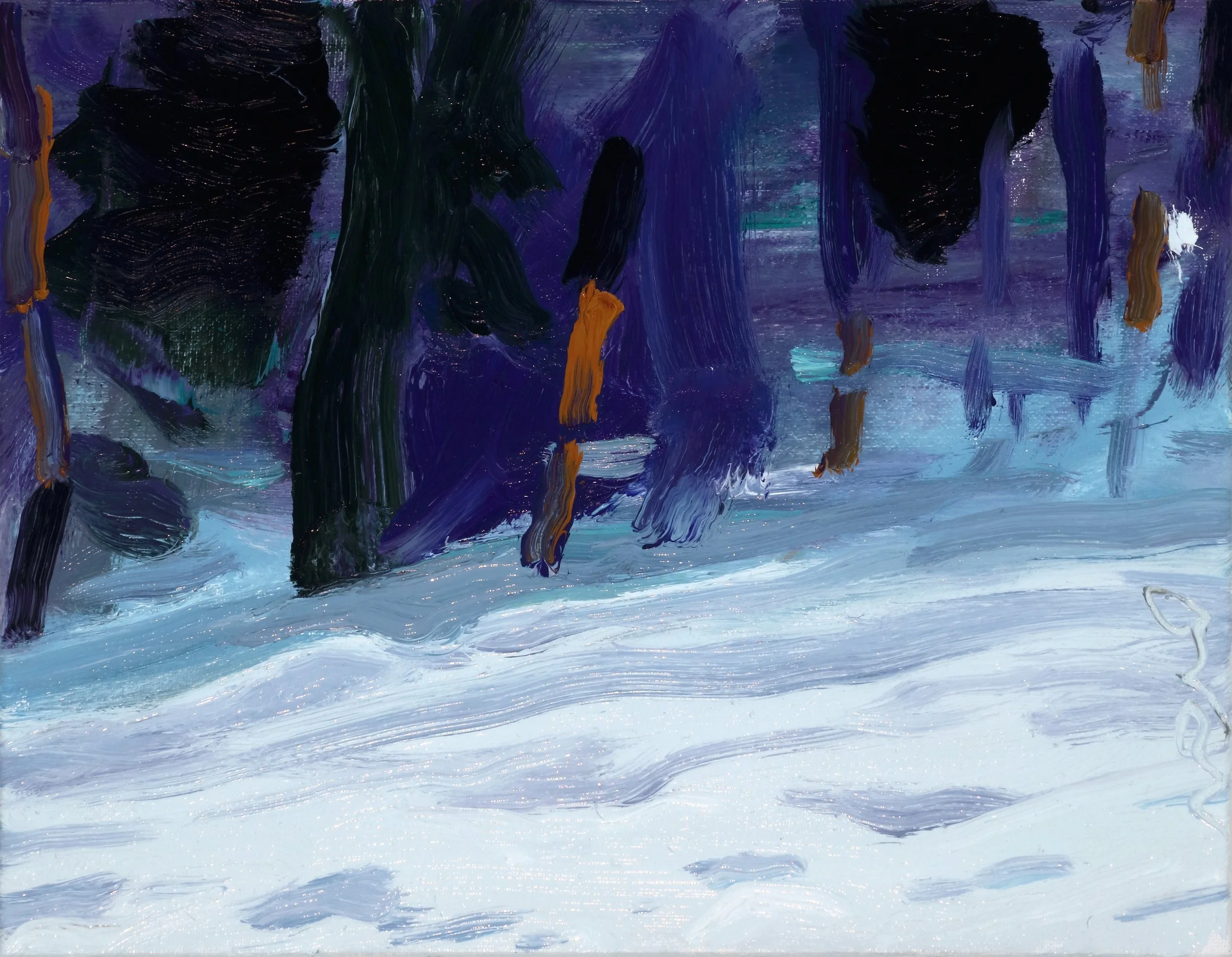 Abstract painting with dark purple, black, green, and orange brushstrokes on a canvas.