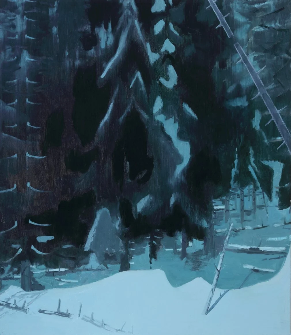 A snow-covered forest scene with tall dark pine trees and a snowy ground, in a semi-abstract, painterly style.