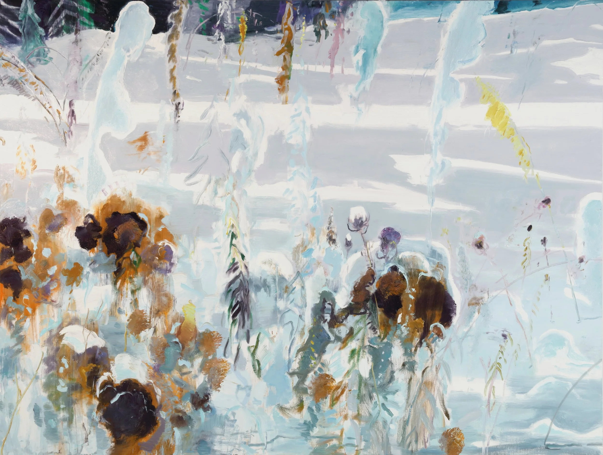 Abstract painting with white, blue, brown, yellow, and black brushstrokes, depicting a landscape with flowers and trees.