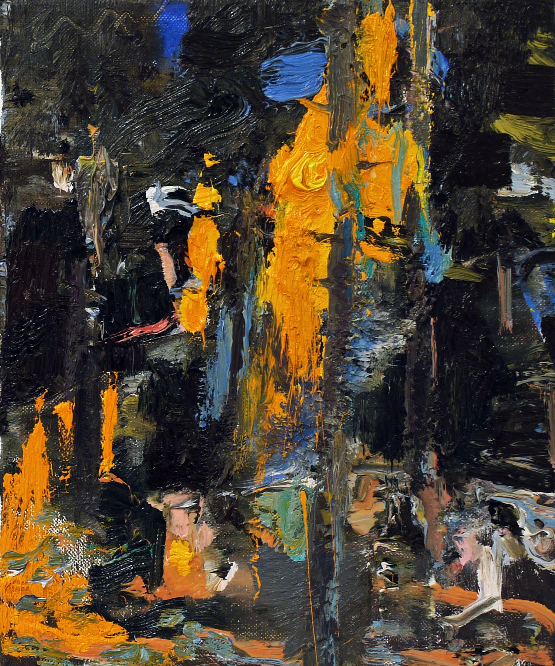 Abstract expressionist painting with broad brushstrokes in black, orange, yellow, blue, and hints of pink and white.