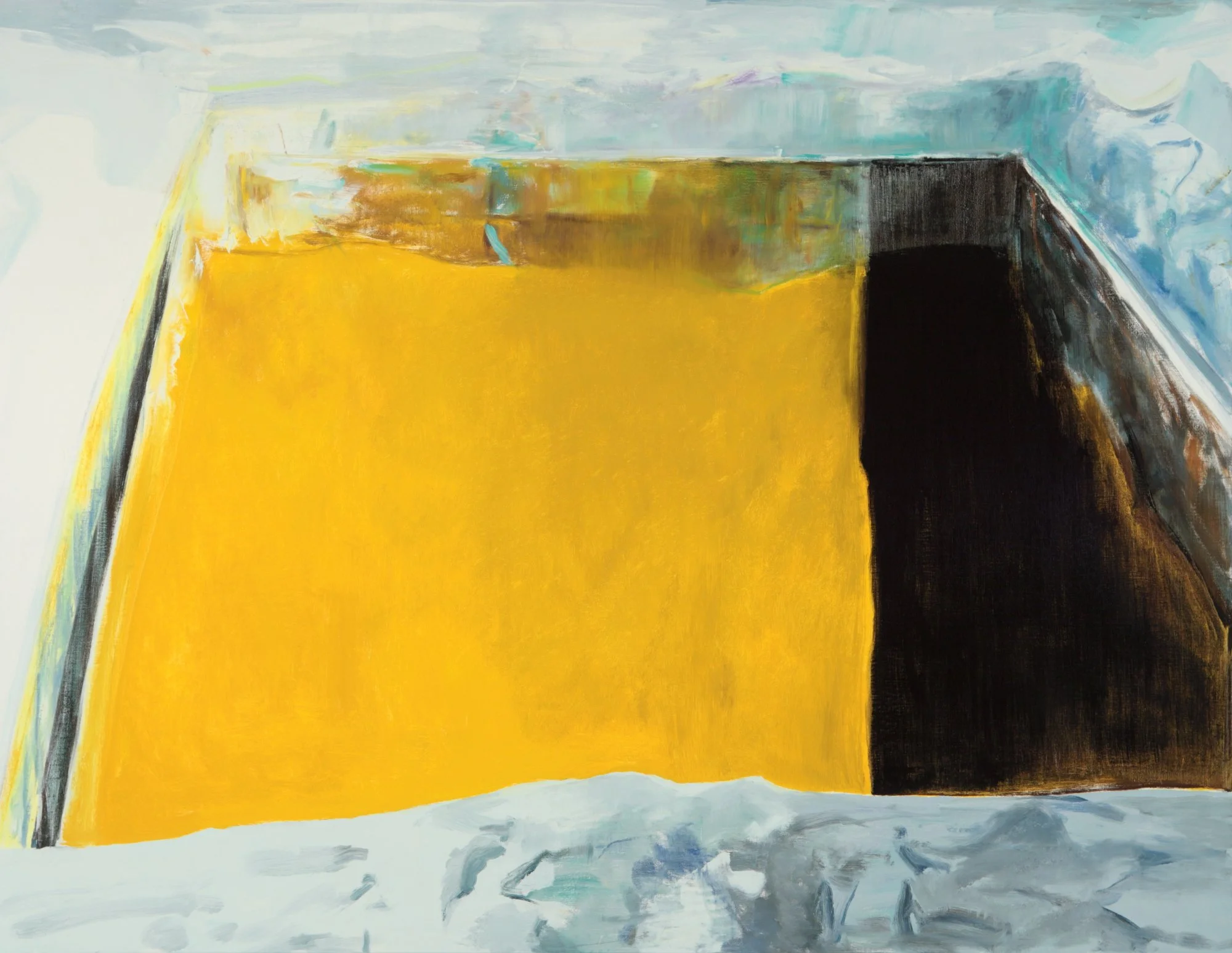 Abstract landscape painting with a large yellow section, a black rectangular area on the right, and a mix of blue, white, and brown shades in the sky and horizon.
