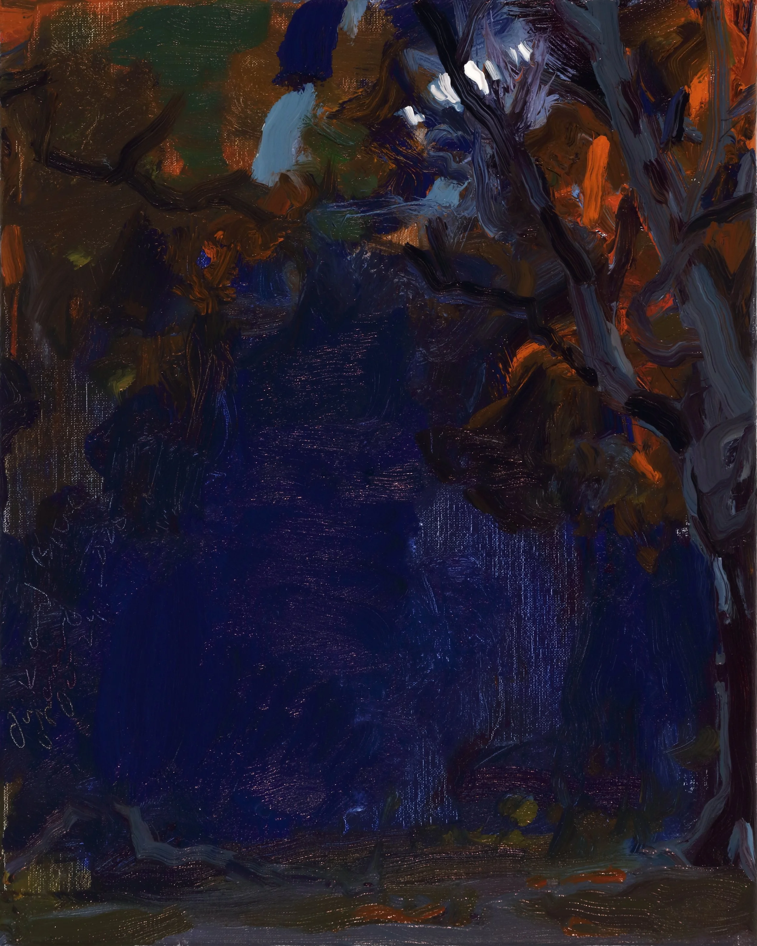 Abstract painting with dark blue, brown, orange, green, and white brushstrokes and splatters.