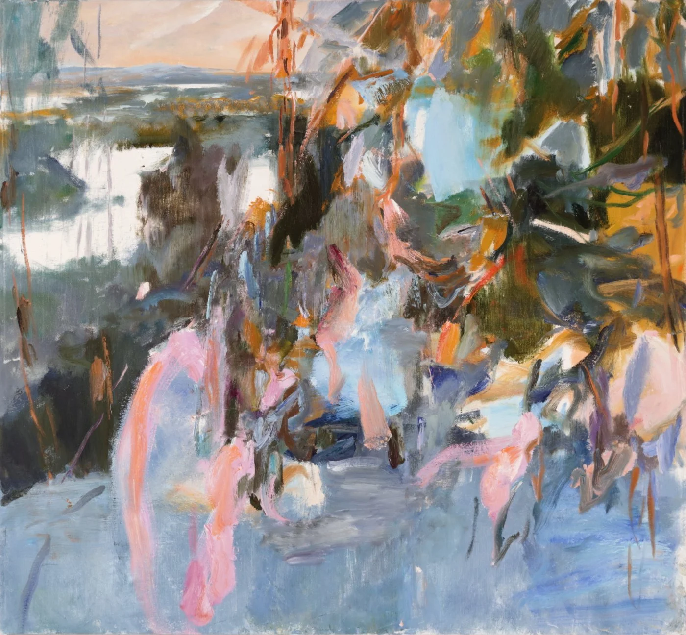 An impressionist-style painting featuring a garden scene with vibrant, abstract foliage and flowers, using bold brushstrokes and soft pastel colors.