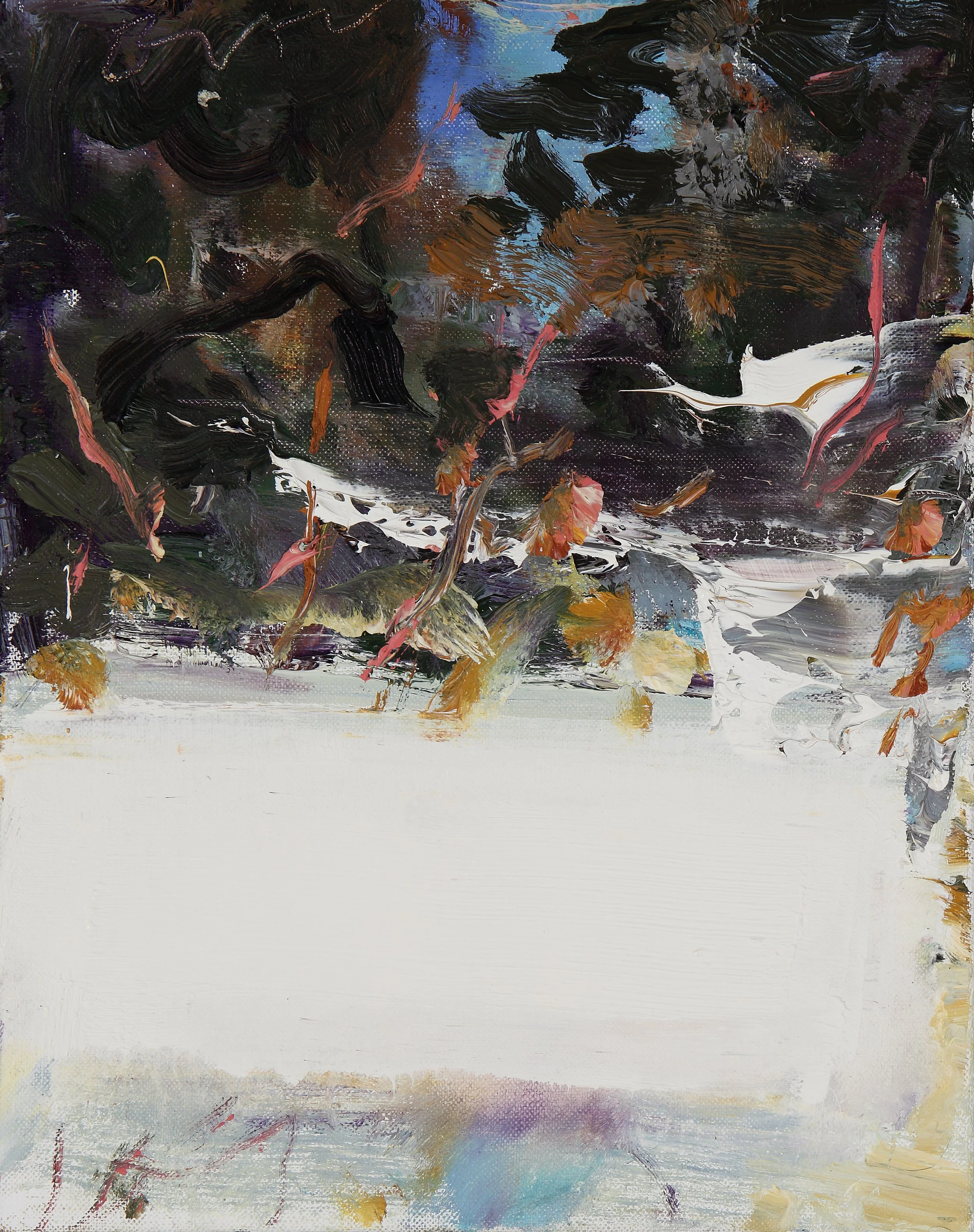 Abstract painting with thick brushstrokes of black, white, brown, and hints of blue, pink, and purple in an expressive and layered style.