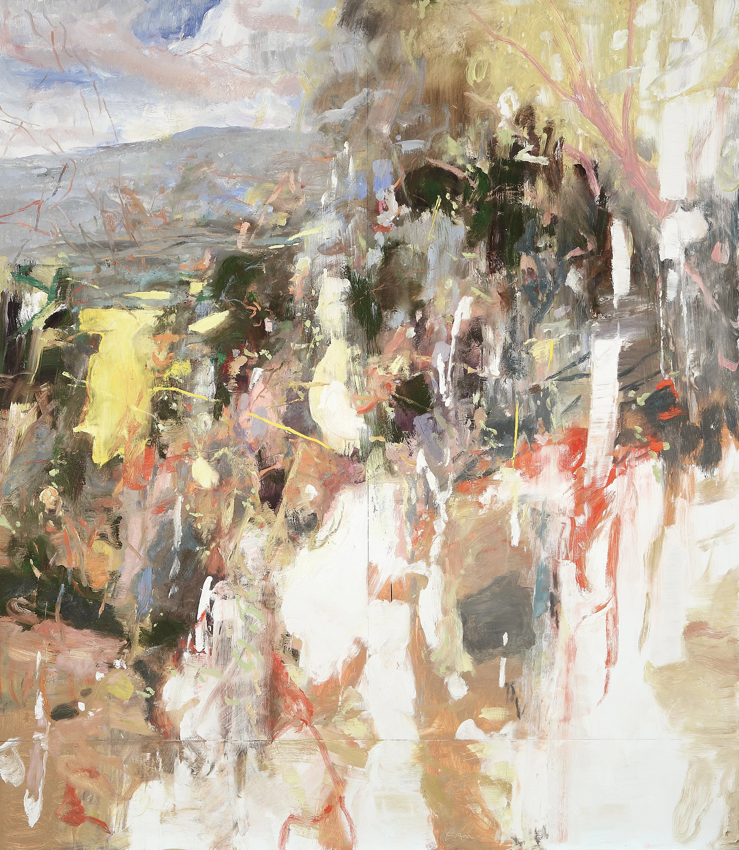 An abstract painting with soft pastel and neutral colors featuring loose, expressive brushstrokes, blending earthy tones like beige, brown, and green with hints of blue, pink, and white.