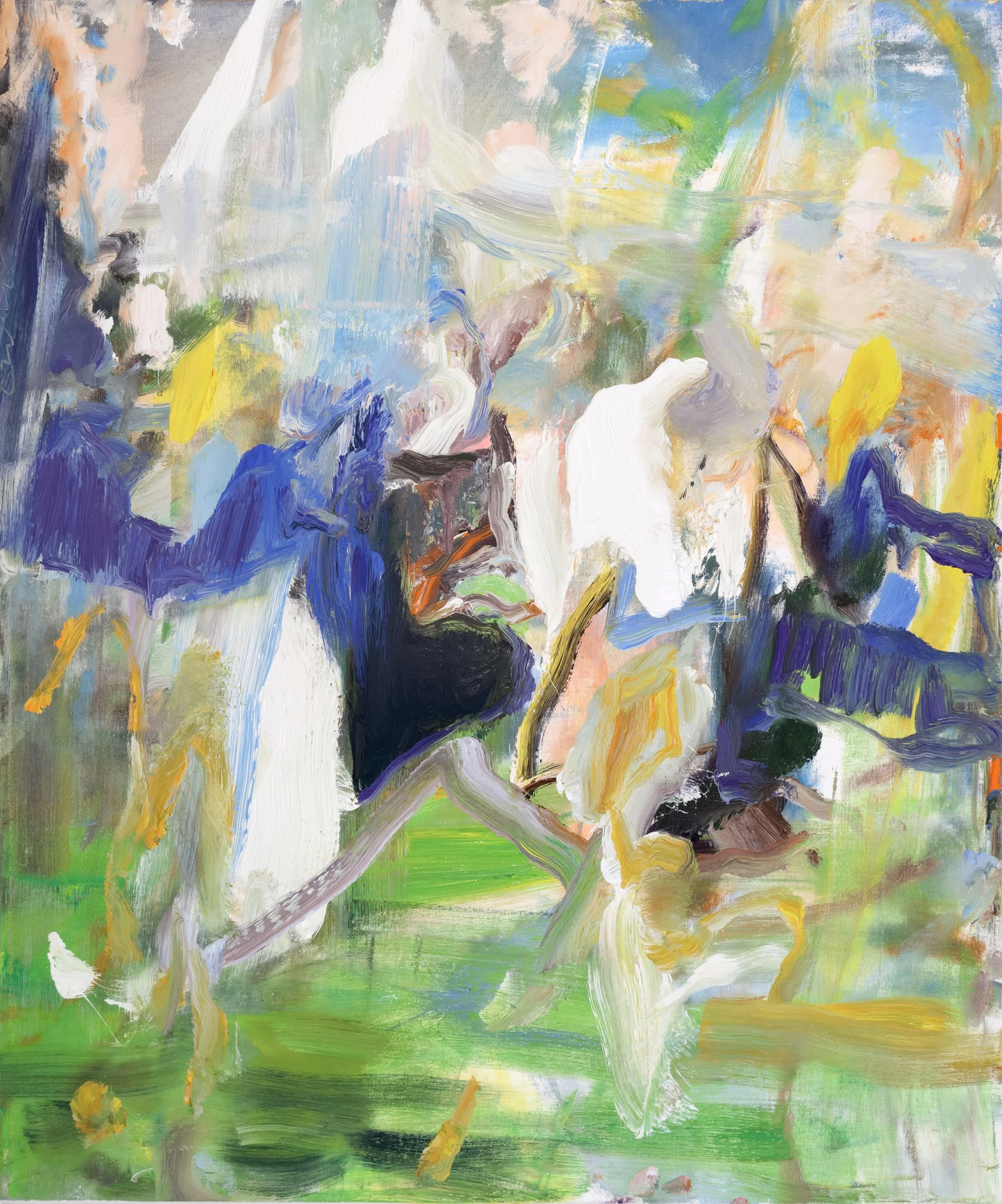 Abstract expressionist painting with vibrant swaths of green, blue, white, yellow, and black paint, showcasing bold brushstrokes and a textured surface.