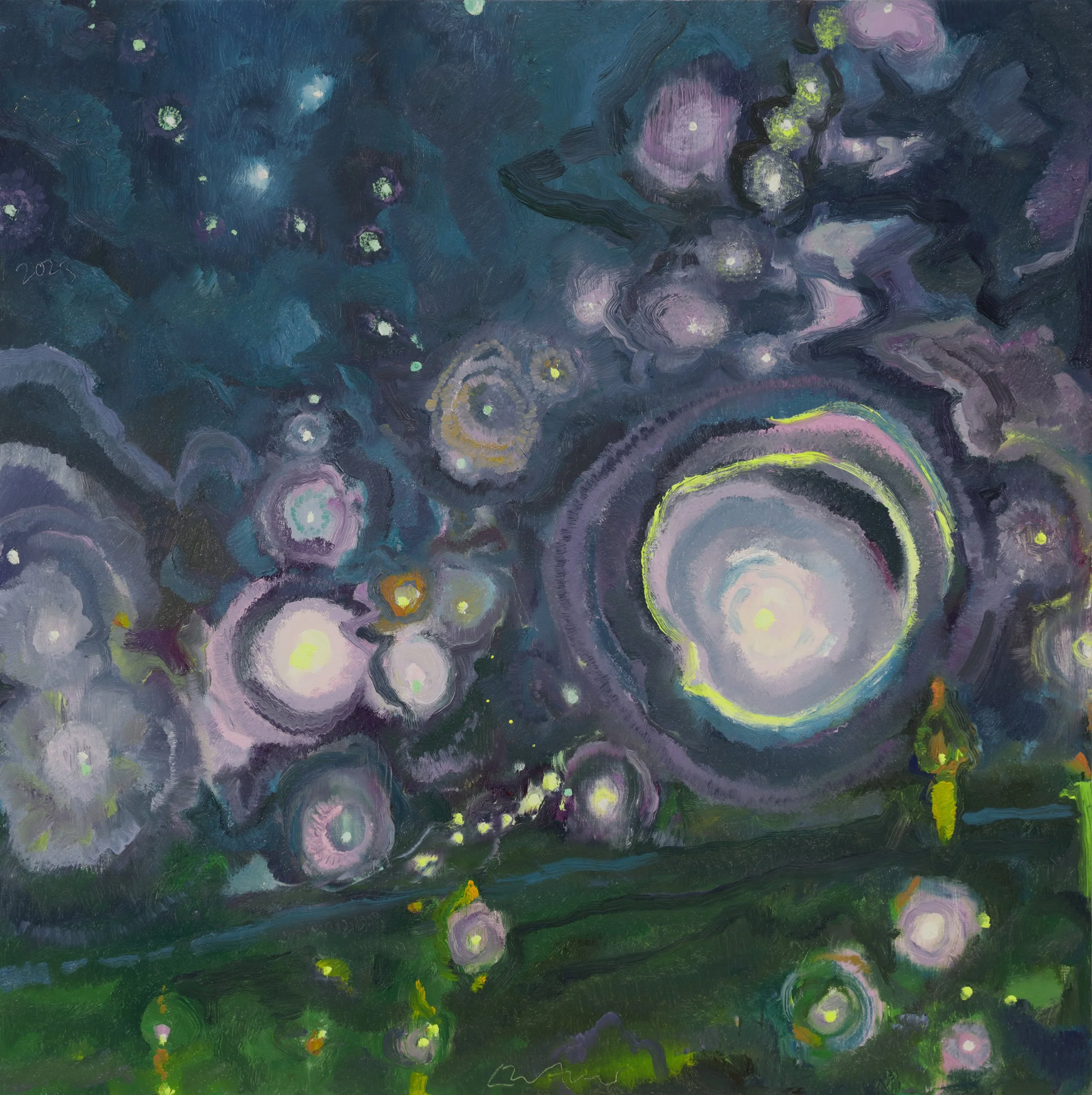 An abstract painting with swirling patterns and dots in shades of blue, purple, green, yellow, and white.