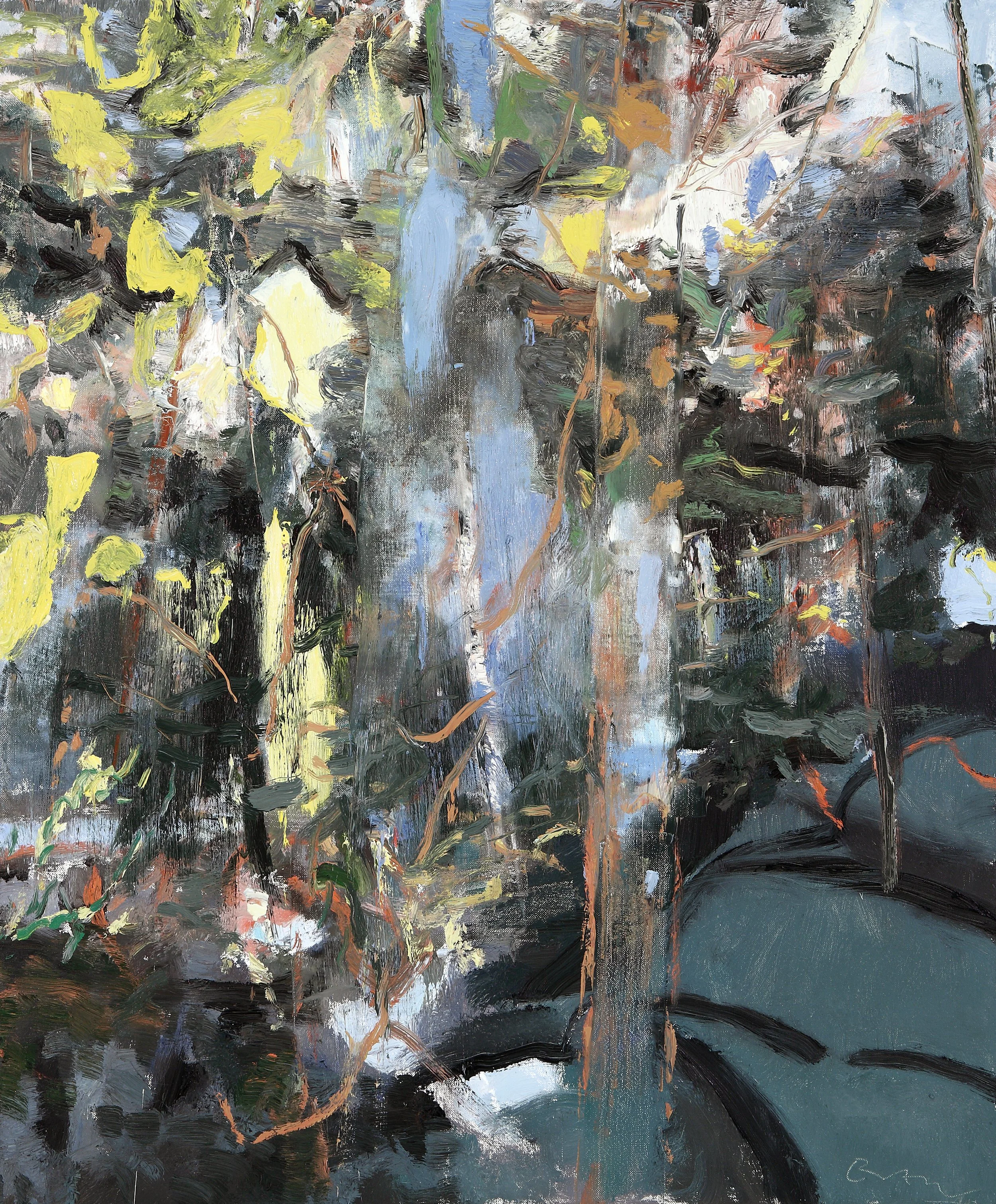 An abstract painting with vibrant brushstrokes depicting a natural scene with trees, leaves, and a small waterfall or stream in the middle, using a mix of green, yellow, black, blue, and brown colors.