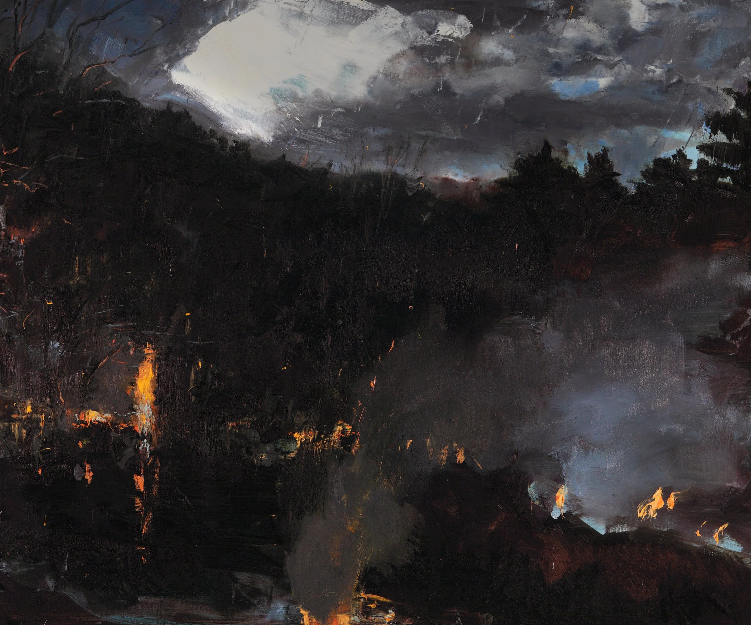 An abstract dark landscape painting with stormy clouds and hints of orange and blue light near the horizon.