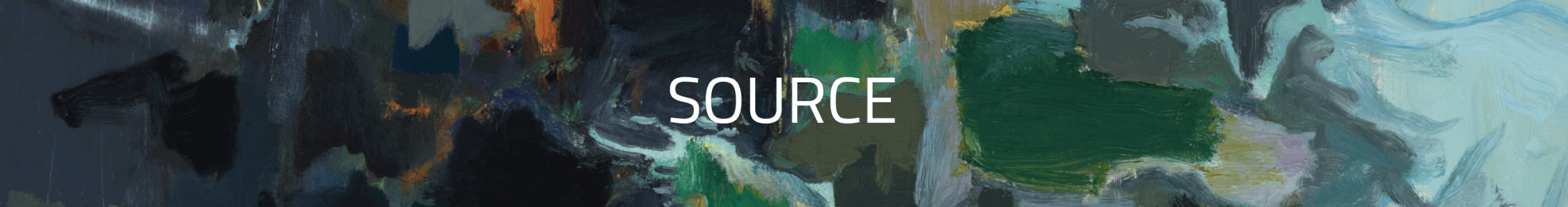 Abstract painting with dark blue, black, green, yellow, and light blue colors with the word 'SOURCE' written in white text in the center.