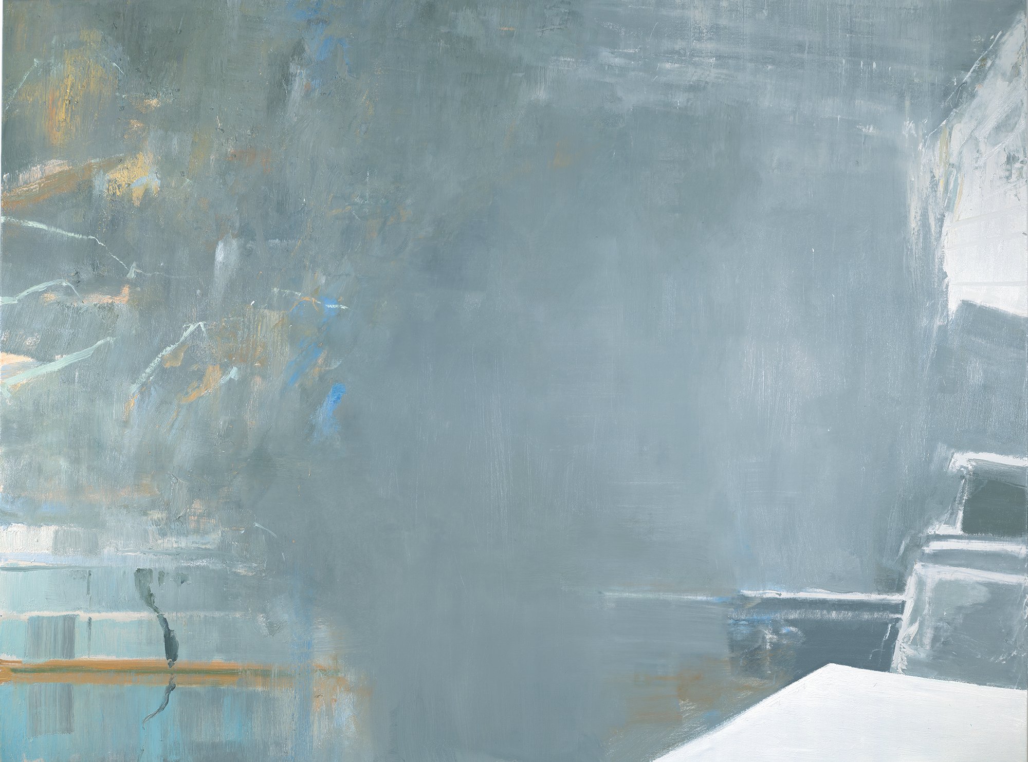 Abstract painting with various shades of blue, gray, white, and hints of tan and yellow.