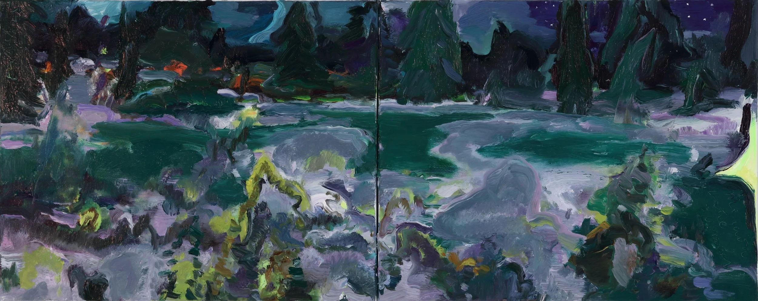 A painting of a lush, green landscape with a river flowing through it, surrounded by trees and mountains under a dark sky.
