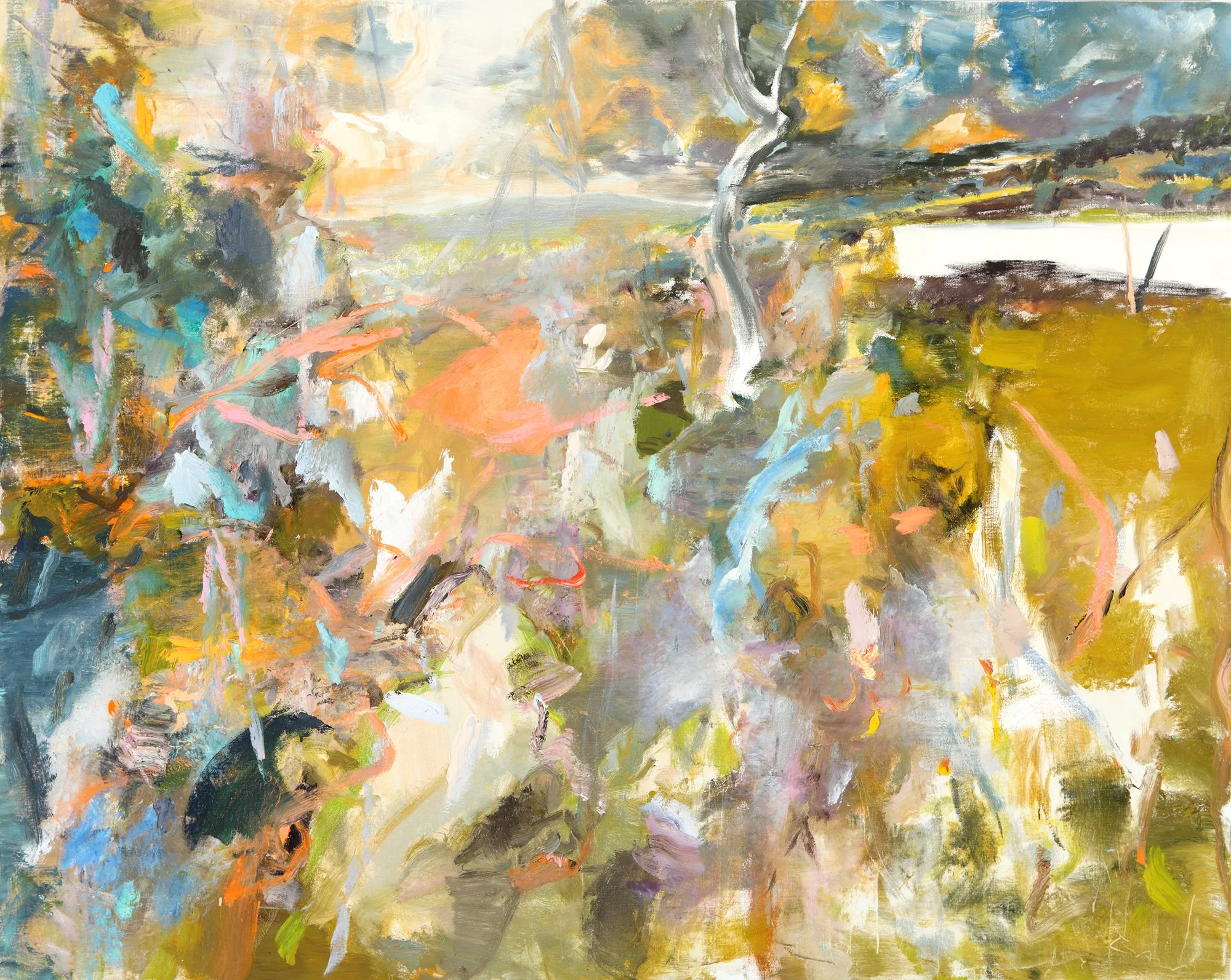 An abstract painting with a blend of colors including yellow, blue, orange, pink, black, and white, depicting a nature scene with trees and a body of water.