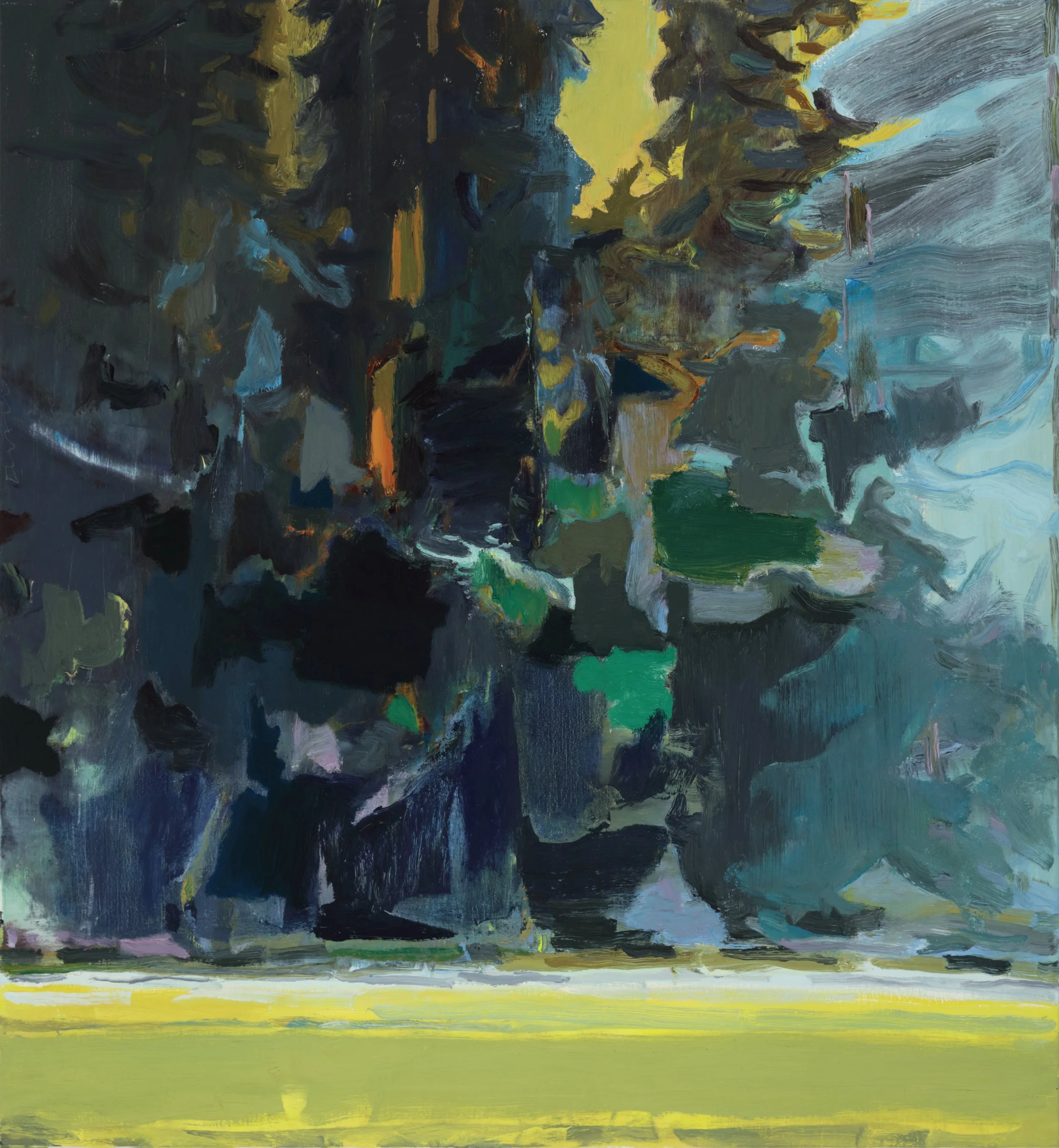 Abstract painting with dark blue and black at the top, light blue and yellow in the middle, and bright yellow and green at the bottom.