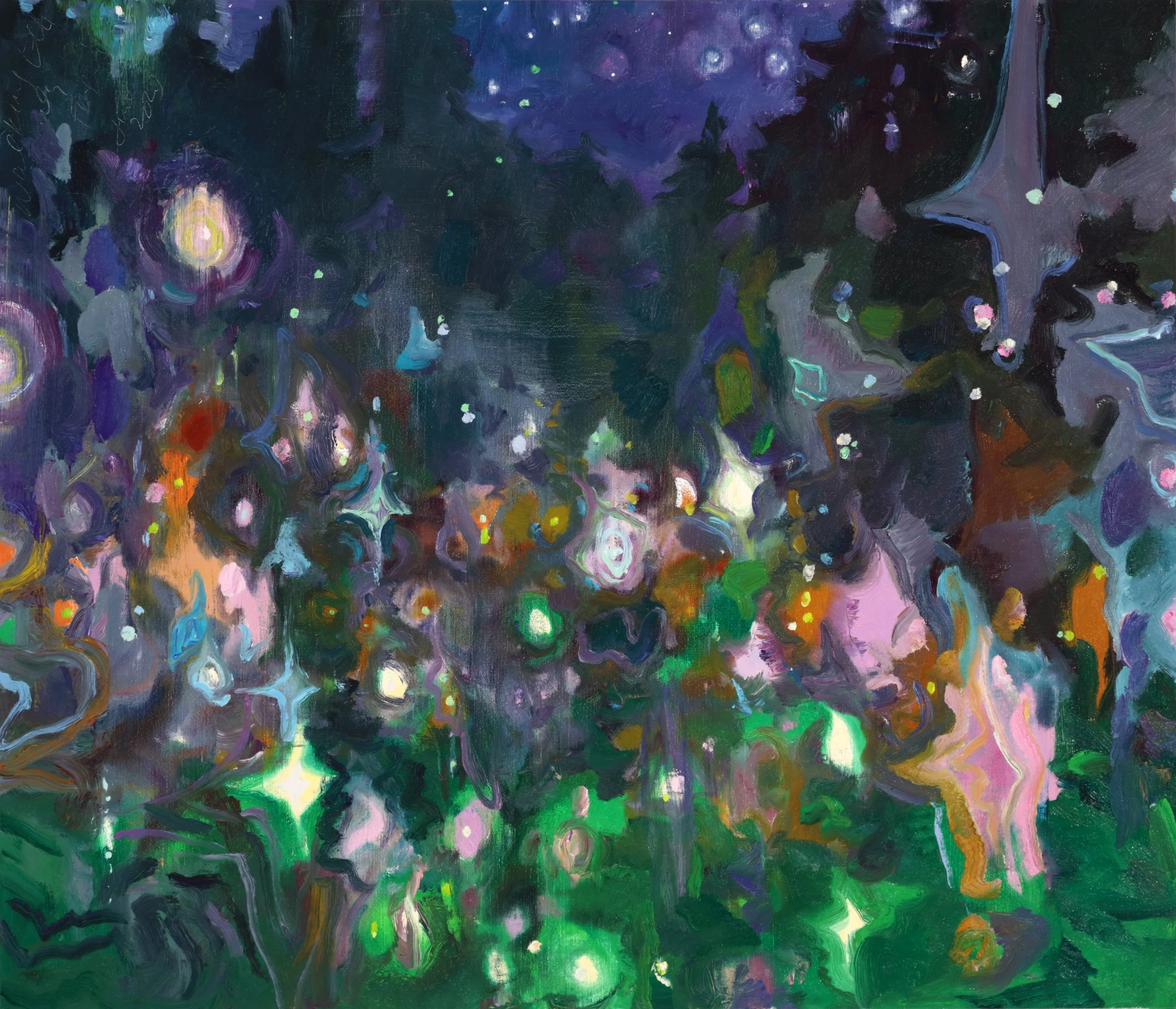 Abstract painting with swirling colors of purple, blue, green, yellow, black, white, and hints of orange and pink, resembling a night sky and landscape.