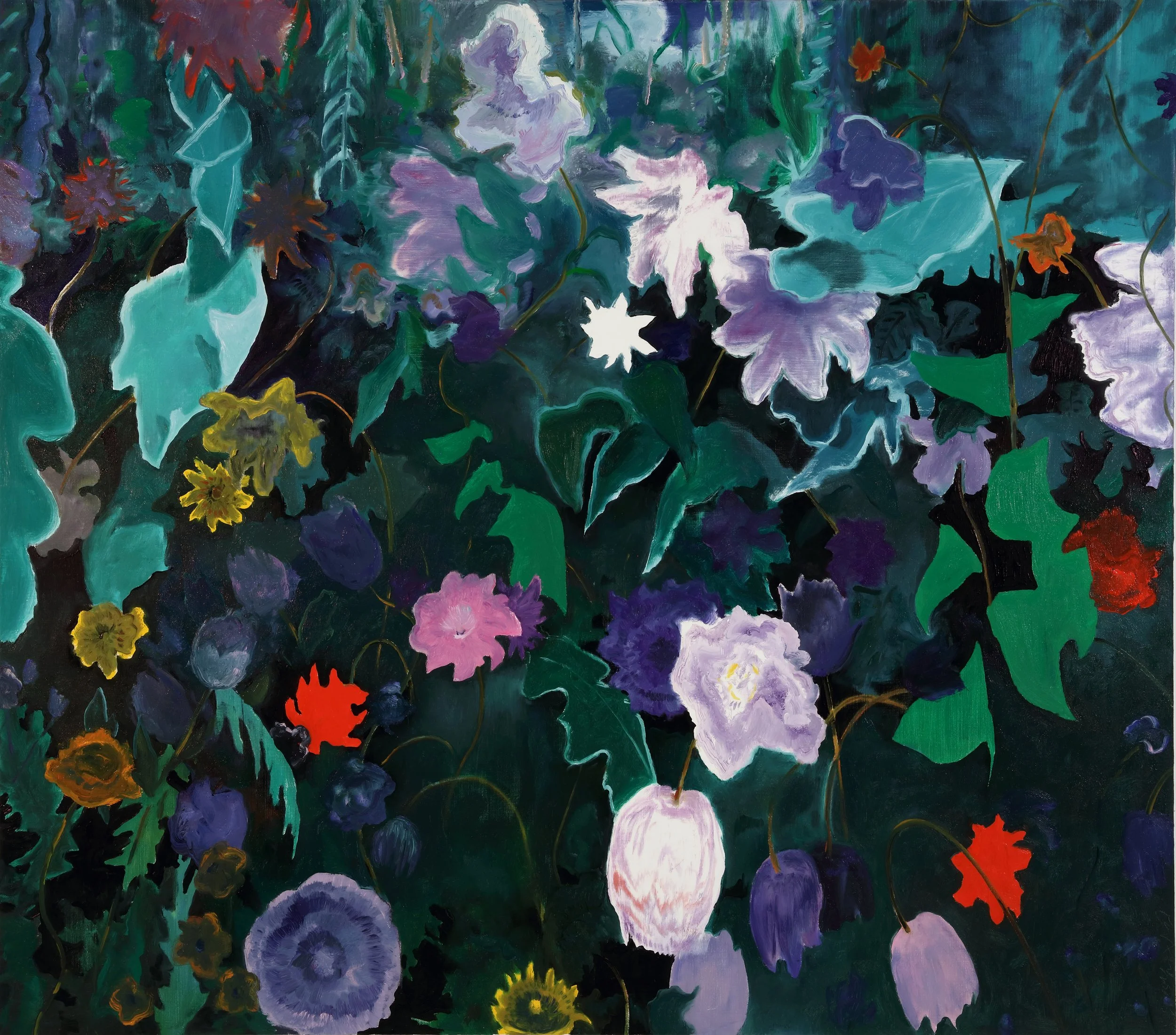 A colorful abstract painting of various flowers, leaves, and foliage in shades of purple, green, yellow, red, and blue.