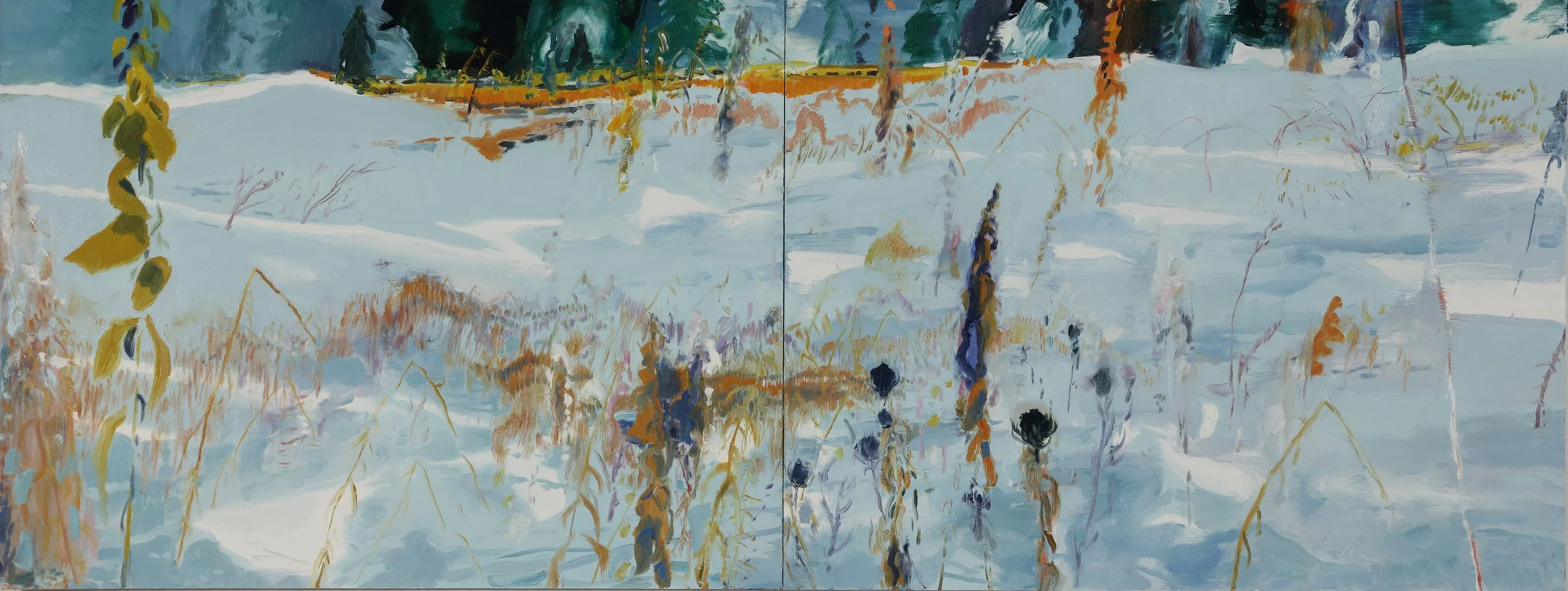 Abstract painting of a snowy landscape with plants and trees, featuring blue, white, brown, and orange colors.