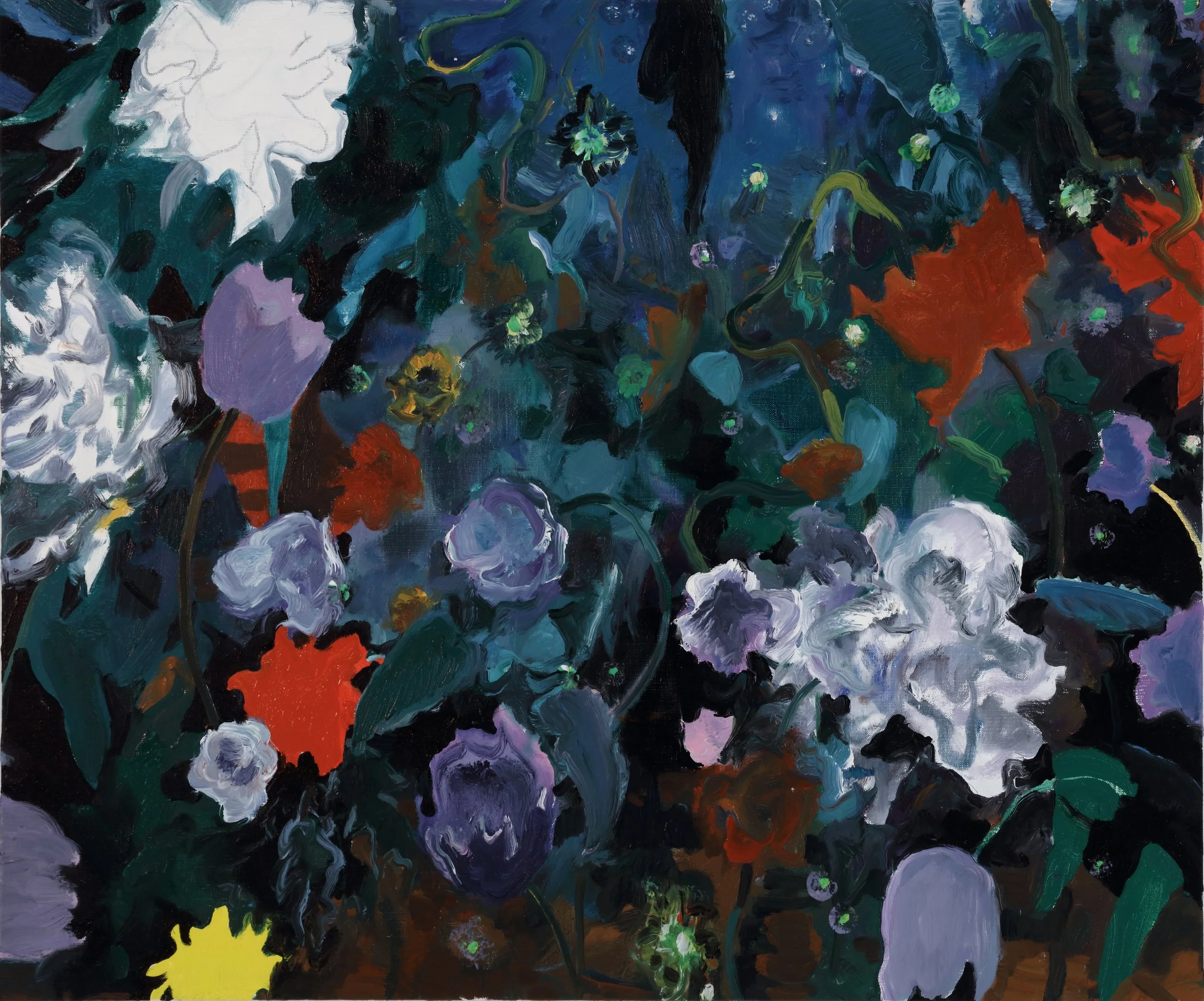 Abstract painting featuring dark blue, black, and purple colors with splashes of green, white, red, and yellow, depicting a vibrant floral scene with various flowers and leaves.