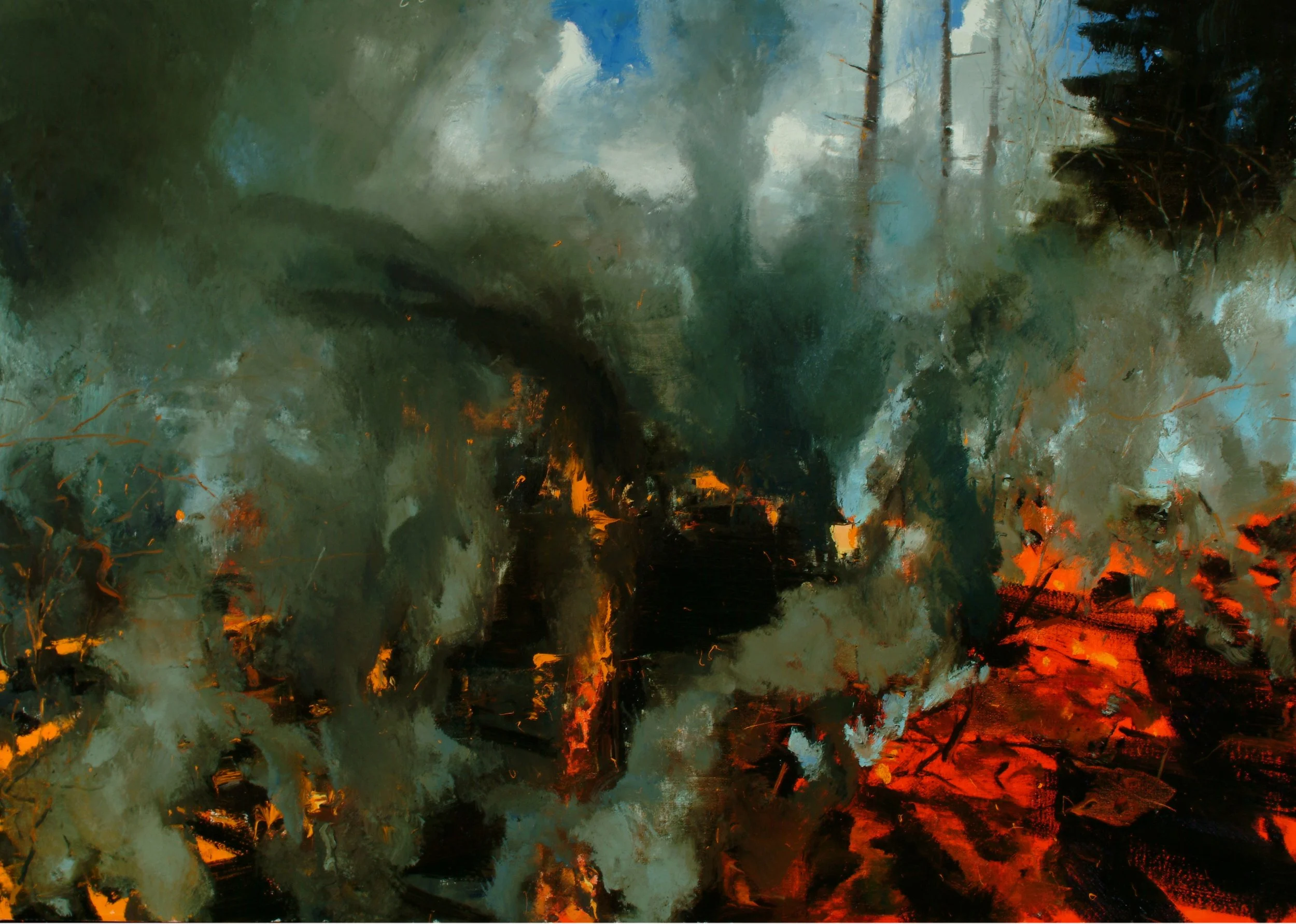 Abstract painting with dark green, black, orange, and white colors, depicting a fiery, smoky scene with trees and flames.