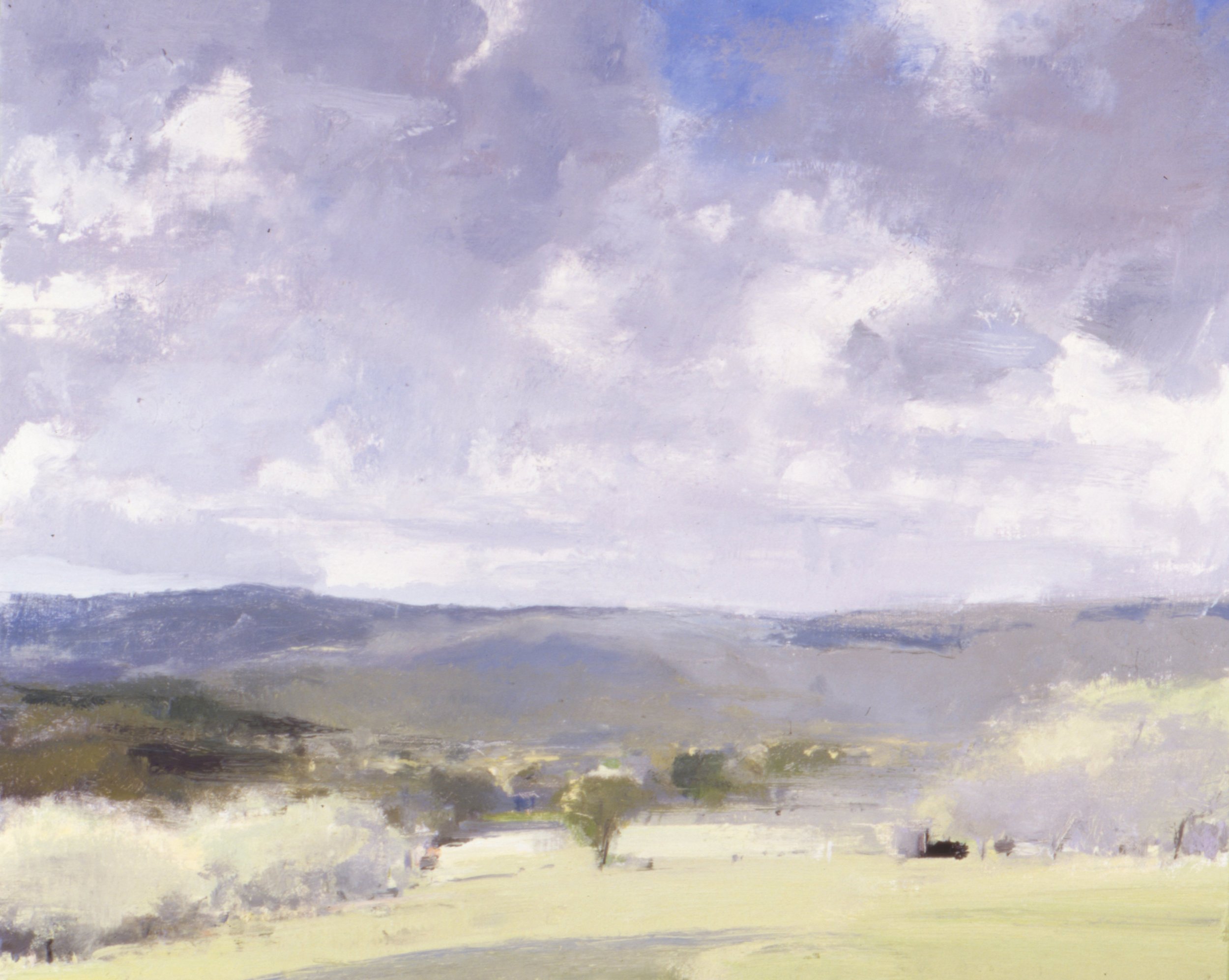 A landscape painting depicting a cloudy sky over a distant horizon with muted colors.