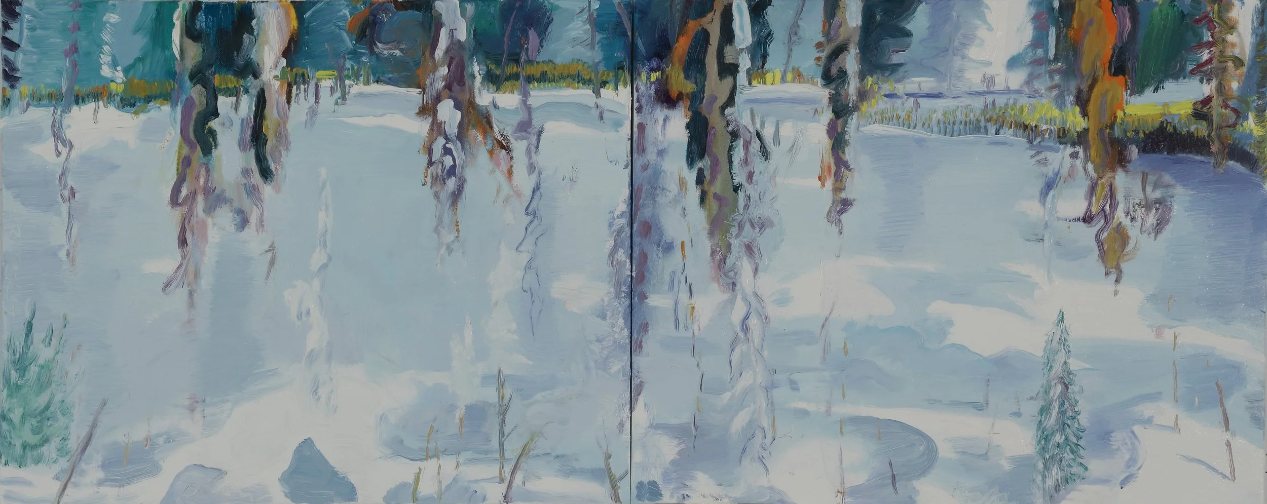 A split painting of a snowy landscape with trees. The left side shows a snow-covered field with some small green bushes, while the right side depicts a similar scene with more visible trees and a distant row of yellow-green foliage.