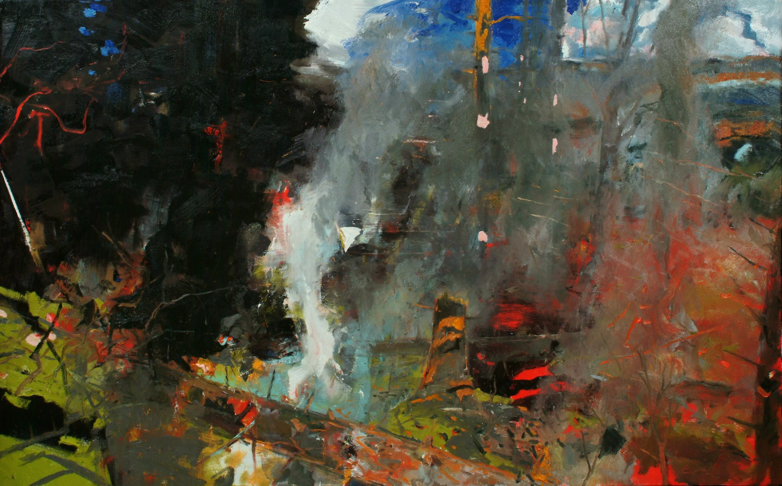 Abstract landscape painting with dark trees, a waterfall or river, and a mix of colors including black, blue, green, red, and gray.