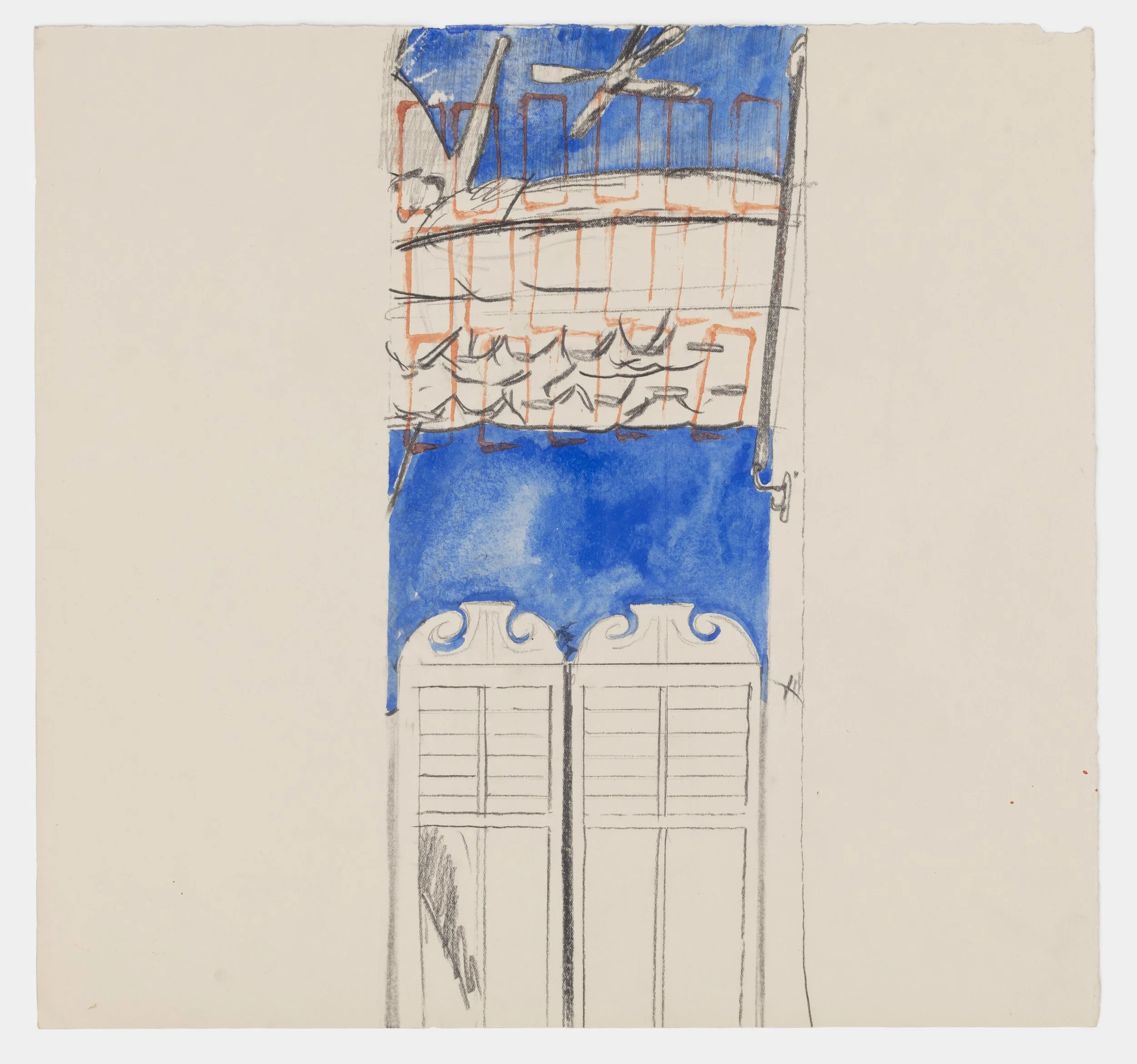 A hand-drawn sketch of a building with a blue roof, orange walls, and a white decorative base, featuring detailed architectural elements.