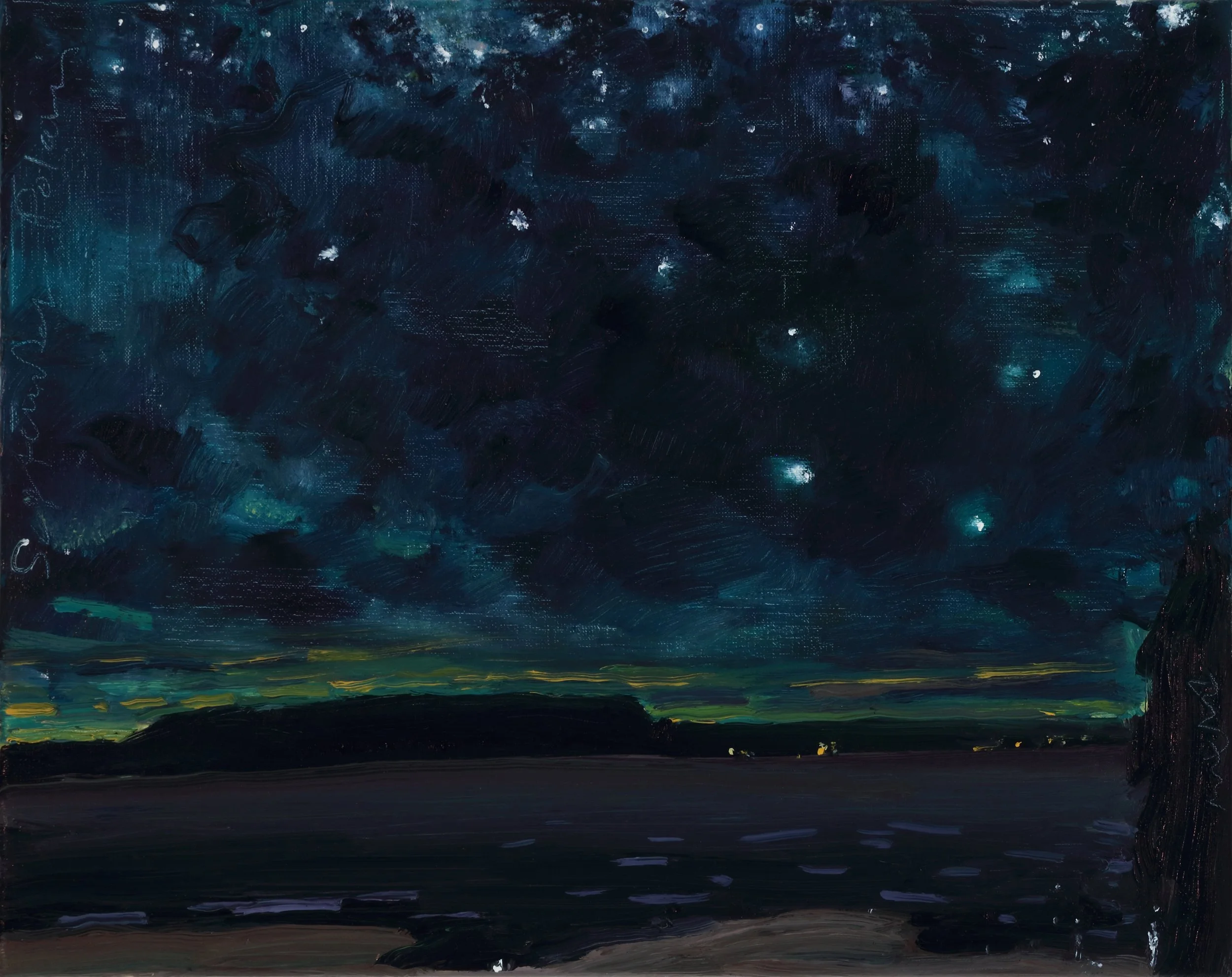 A painting of a night sky with stars and dark clouds, with a horizon featuring subtle shades of green, yellow, and blue.