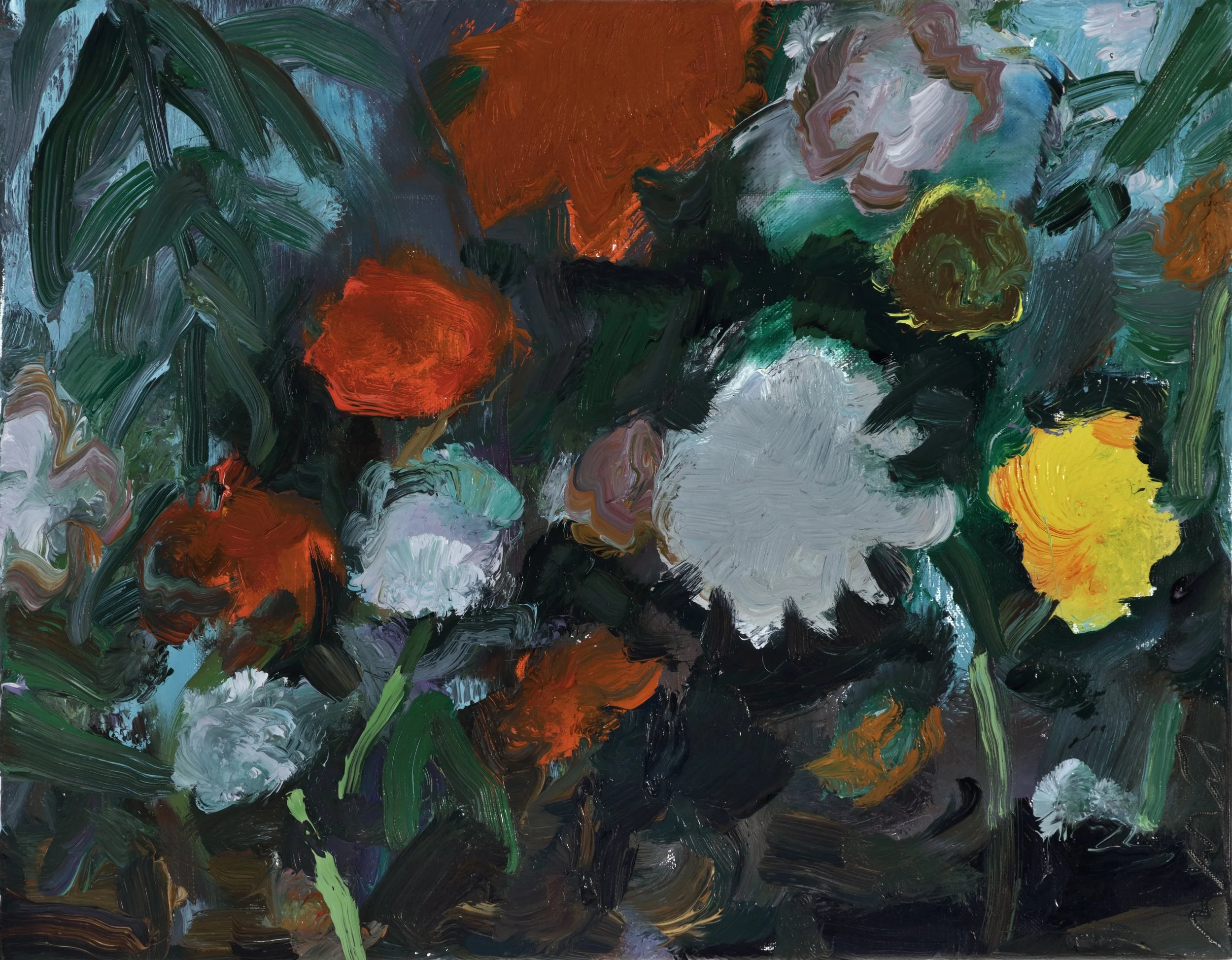 Abstract painting with vibrant swirls of green, red, black, white, yellow, and purple paint.