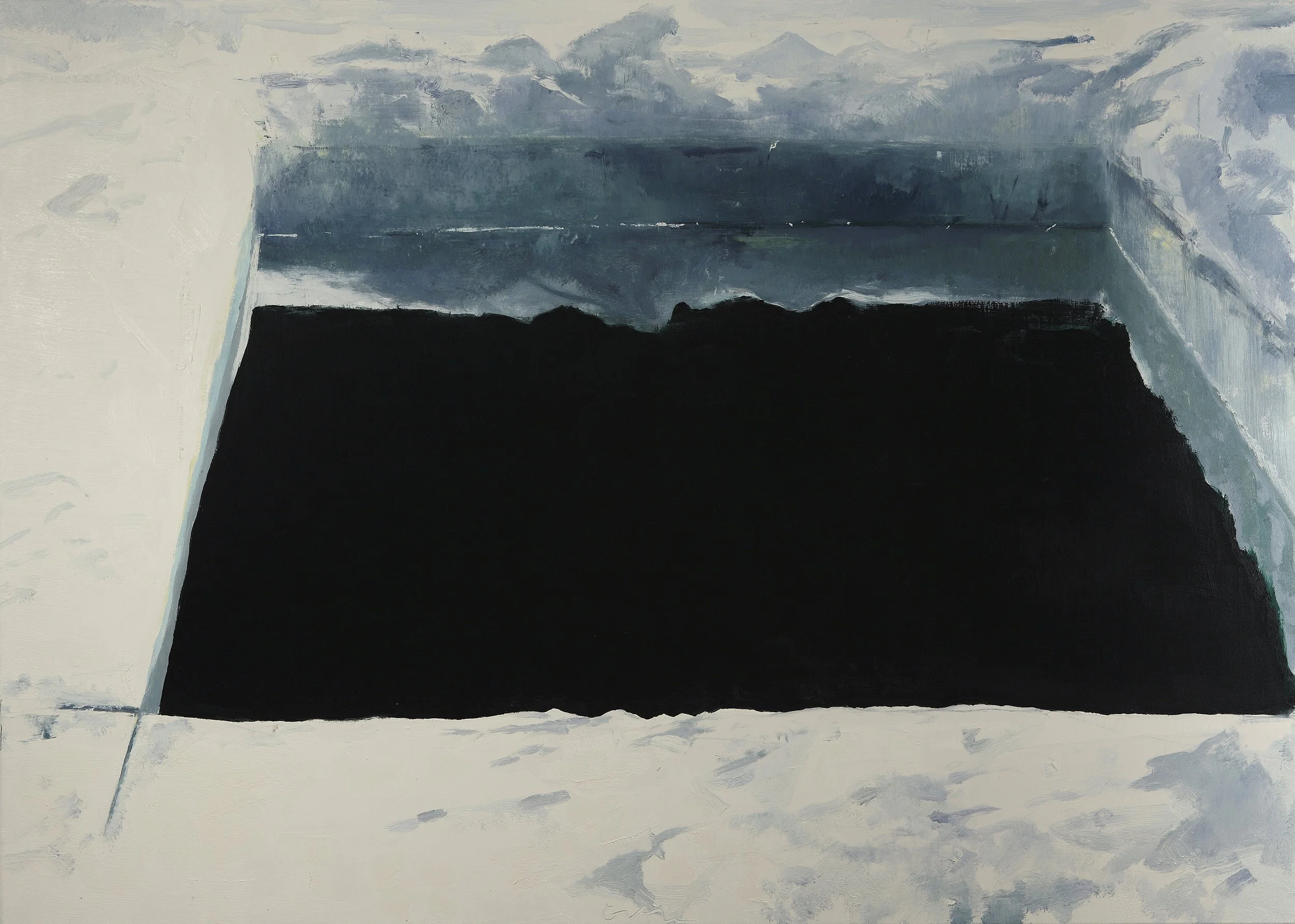 Abstract painting with dark black and blue-gray shapes on a white and light gray background.