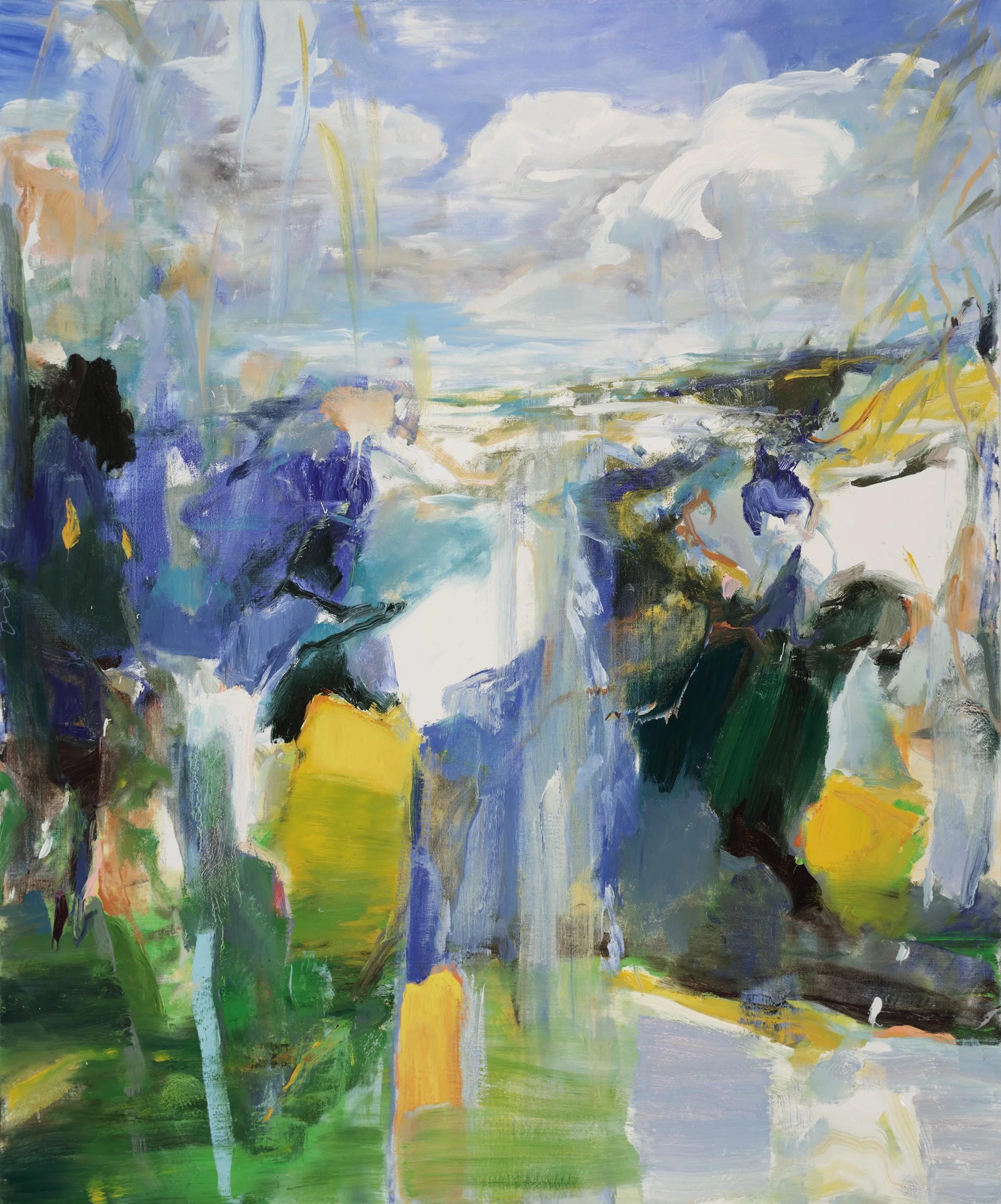 An abstract landscape painting with blue, green, yellow, black, orange, and white brushstrokes depicting trees, sky, and water with reflections.