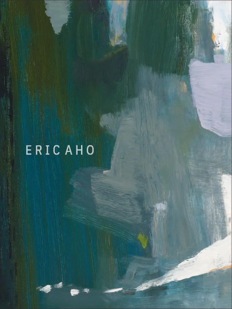 Abstract painting with various shades of green, blue, white, gray, and small hints of yellow and orange, with the name "Eric Aho" written on it.