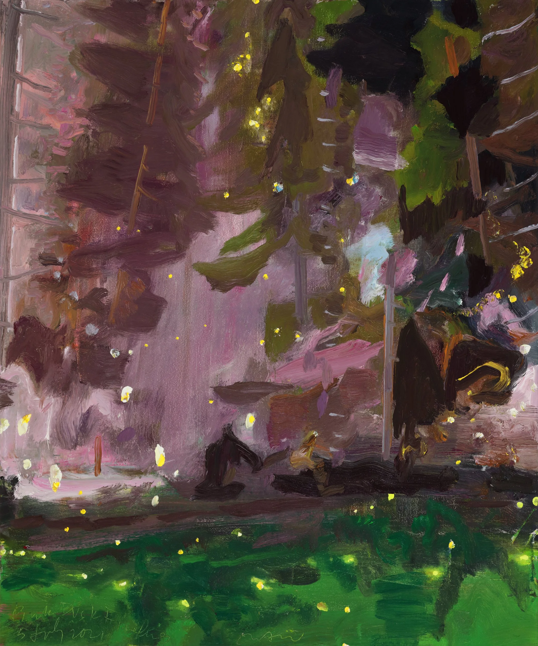 Abstract painting with shades of purple, pink, black, green, and yellow, featuring broad brushstrokes and scattered yellow and white dots.