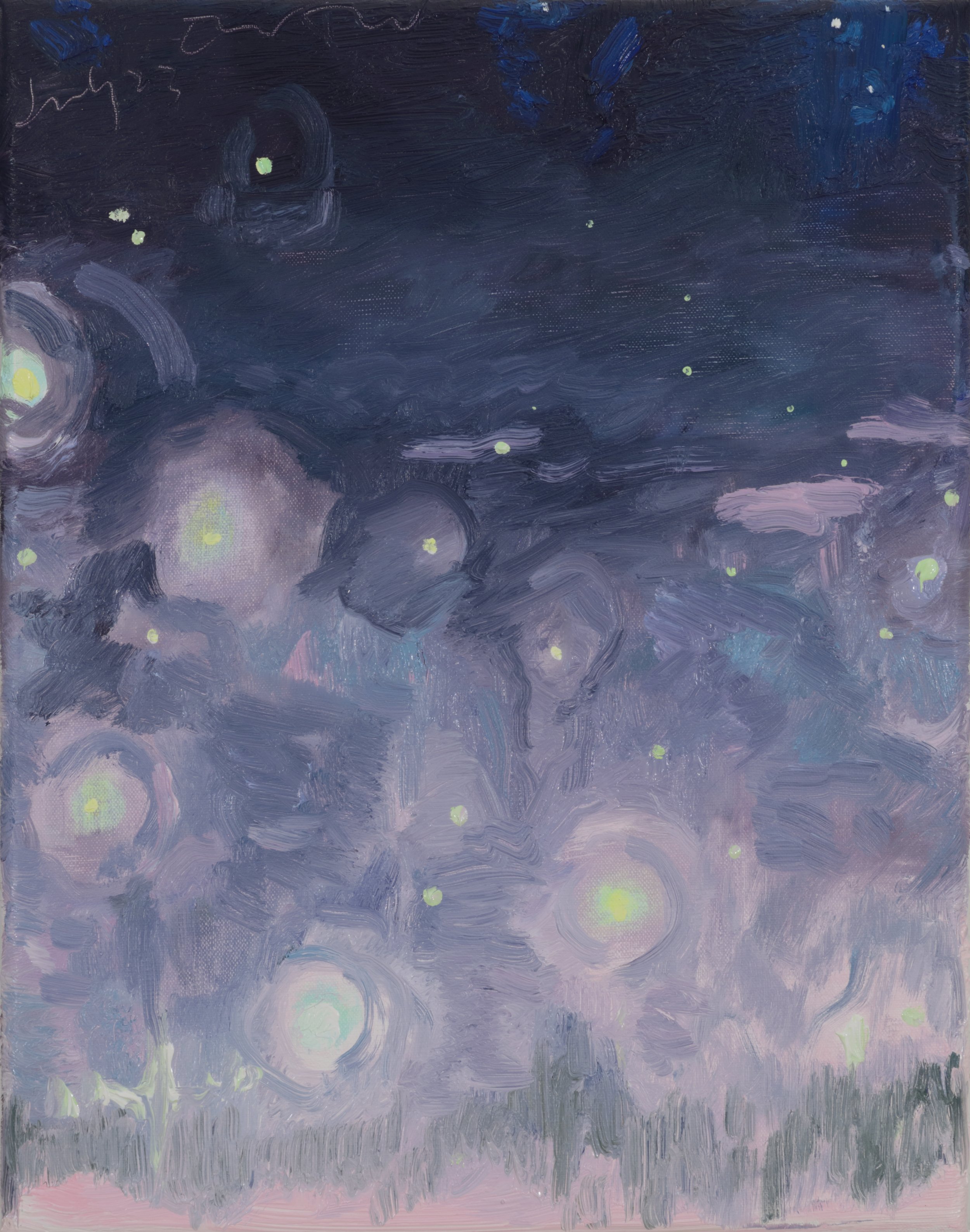 An impressionist painting of a night sky with swirling dark blue and purple hues, scattered with yellow and white glowing orbs resembling stars or fireflies, and soft pink and purple tones at the bottom.