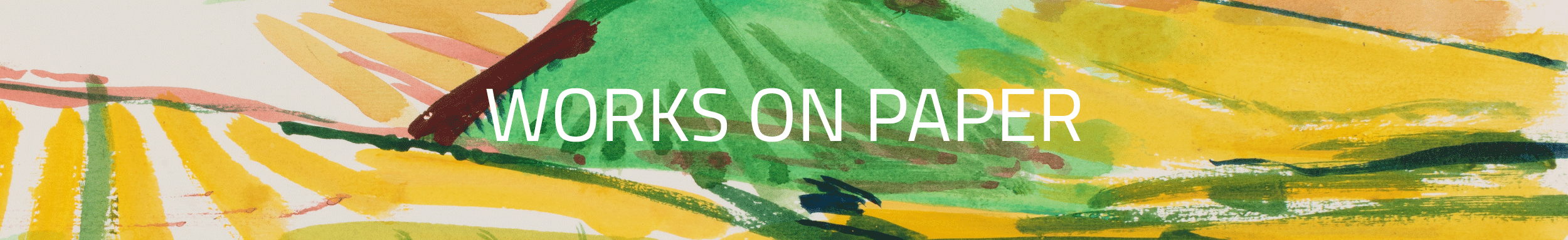 Colorful abstract watercolor painting with green, yellow, pink, and red brushstrokes, overlaid with white text that says "WORKS ON PAPER."