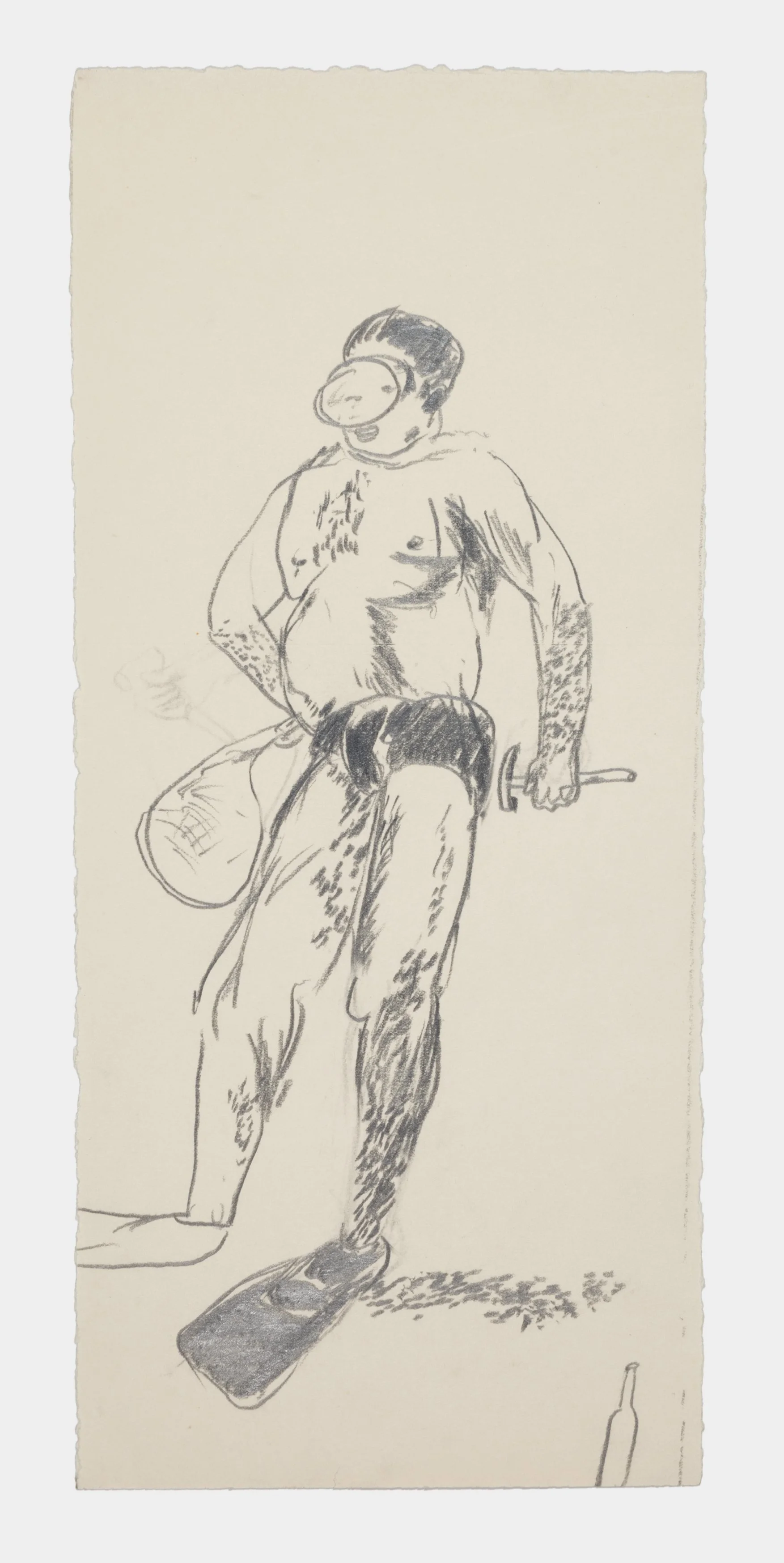 A sketch of a nude man with a snorkel mask, standing with one hand on his hip and the other holding a stick. He's carrying a bag over his shoulder, drawing a casual pose.