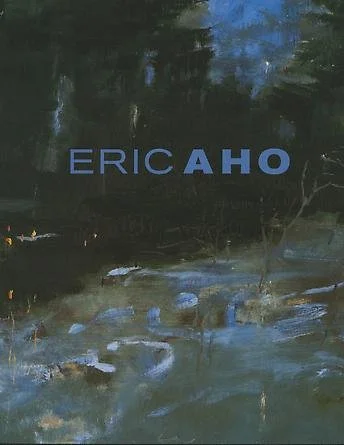 Painting of a river or lake with dark water and reflections, featuring the text 'ERIC AHO' in blue letters.