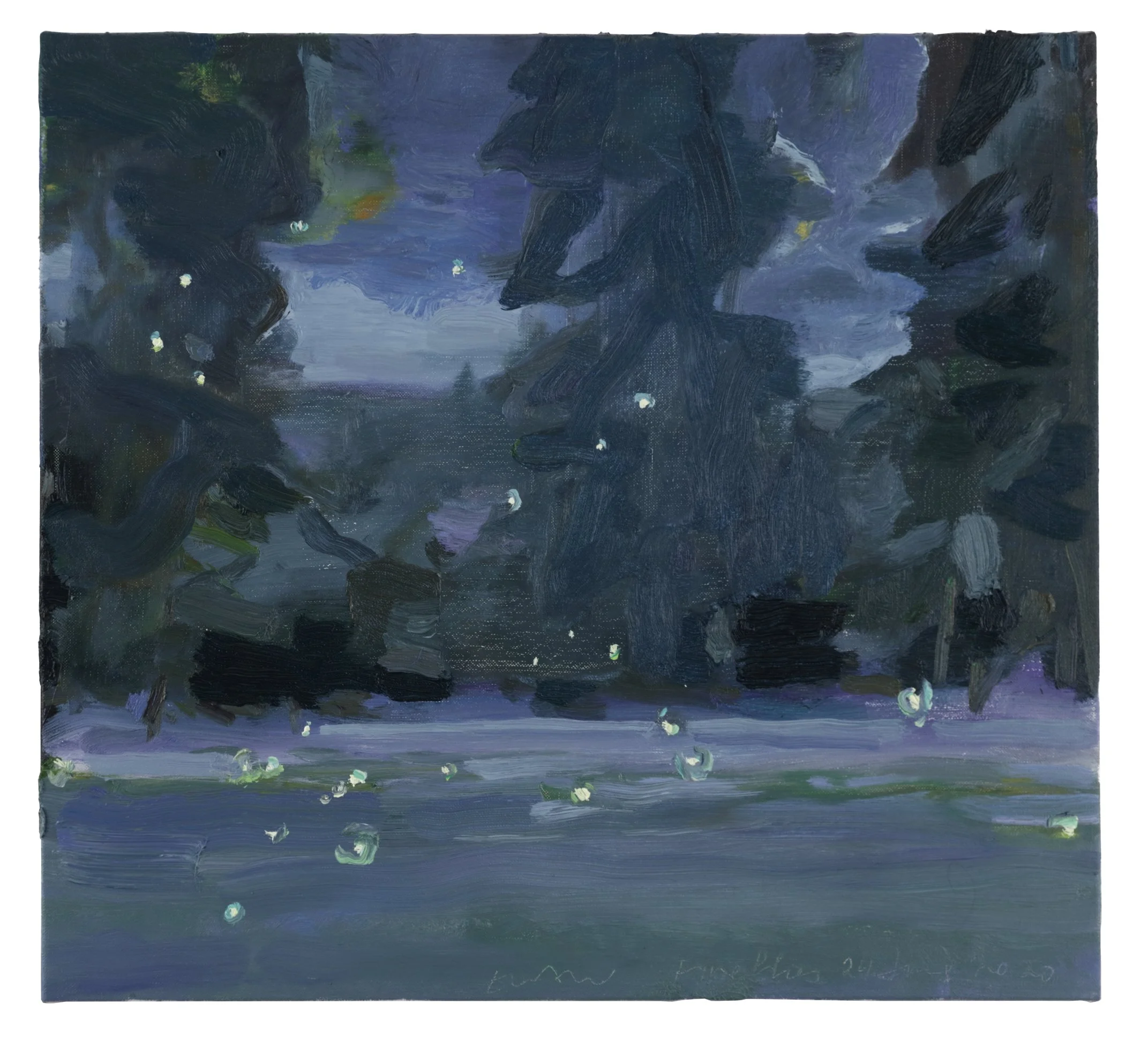 An abstract painting featuring dark blues, purples, and greens with small white dots scattered across the surface.