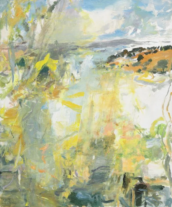 Abstract landscape painting featuring a river with trees and hills in soft pastel colors.