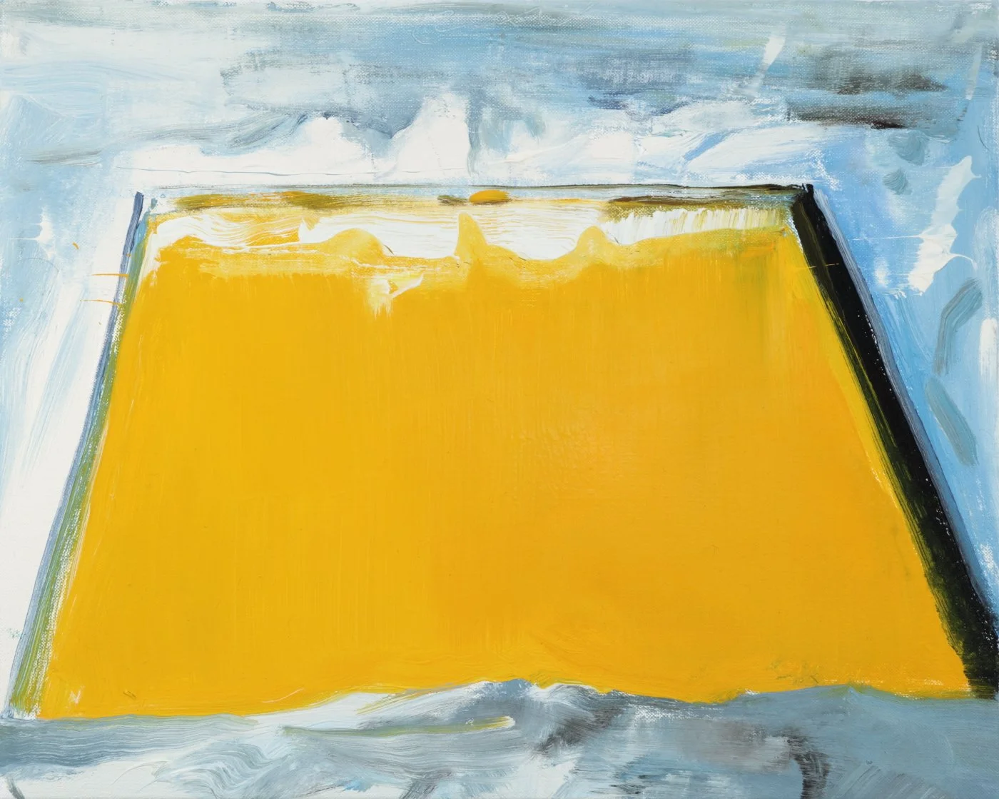 An abstract painting of a yellow rectangular shape with a blue and white background, painted with broad, expressive brushstrokes.