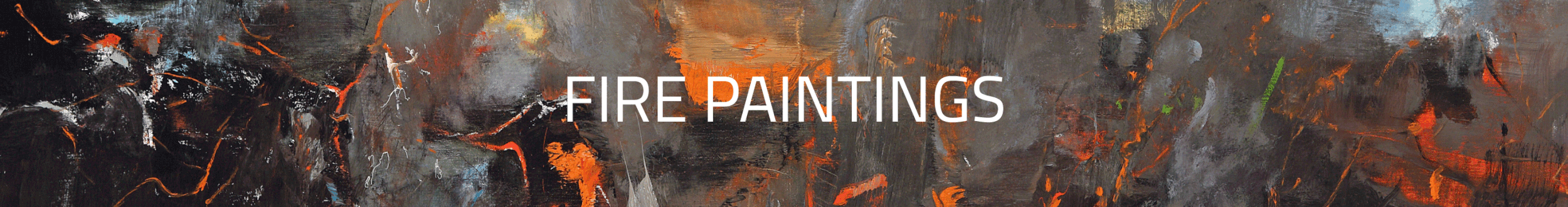 Abstract fire-themed painting with shades of black, gray, orange, and hints of green, featuring textured and dynamic brushstrokes.
