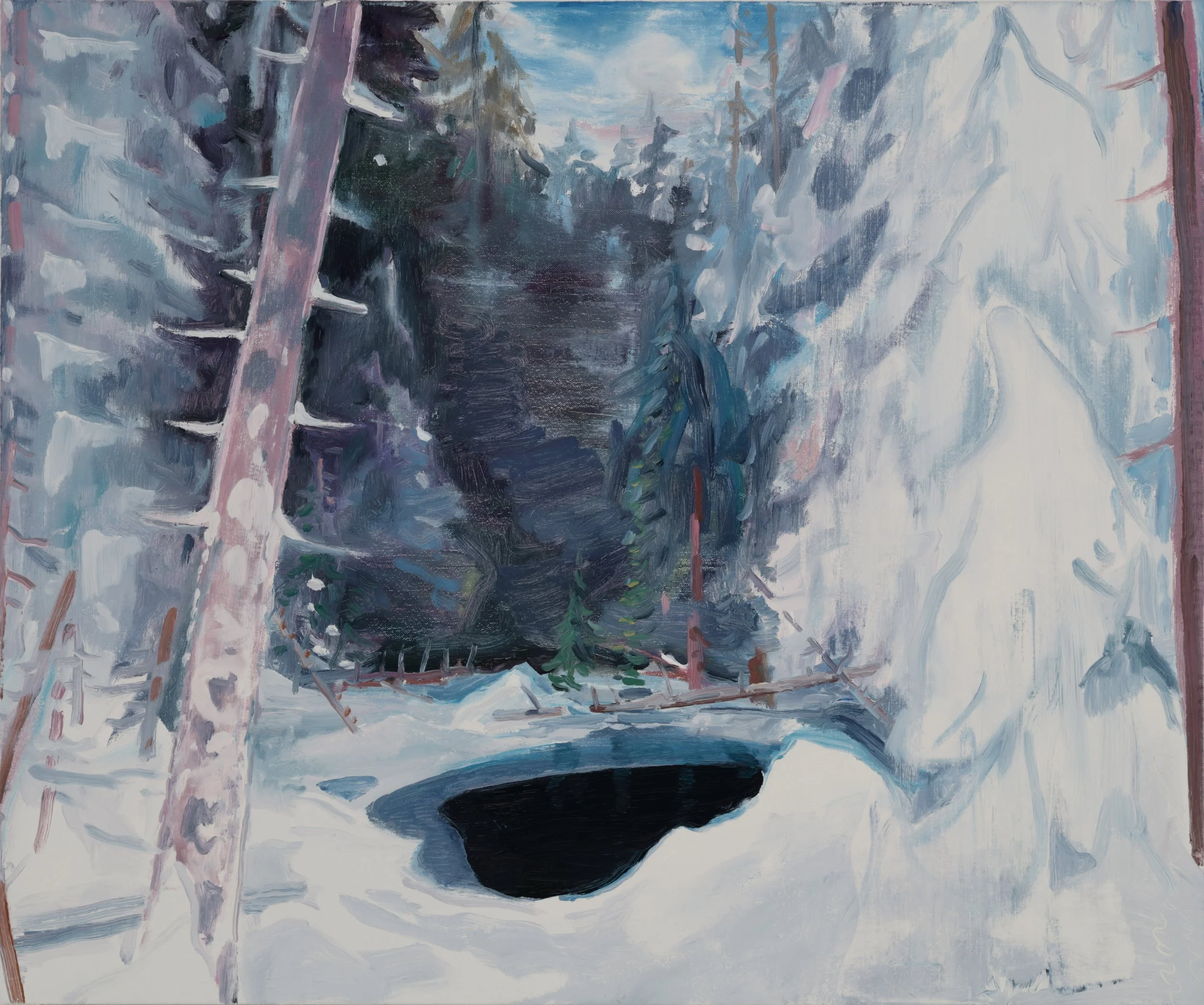 An abstract painting of a forest scene with trees, a cloudy sky, and a dark pathway in the center, using shades of blue, gray, black, and hints of pink.