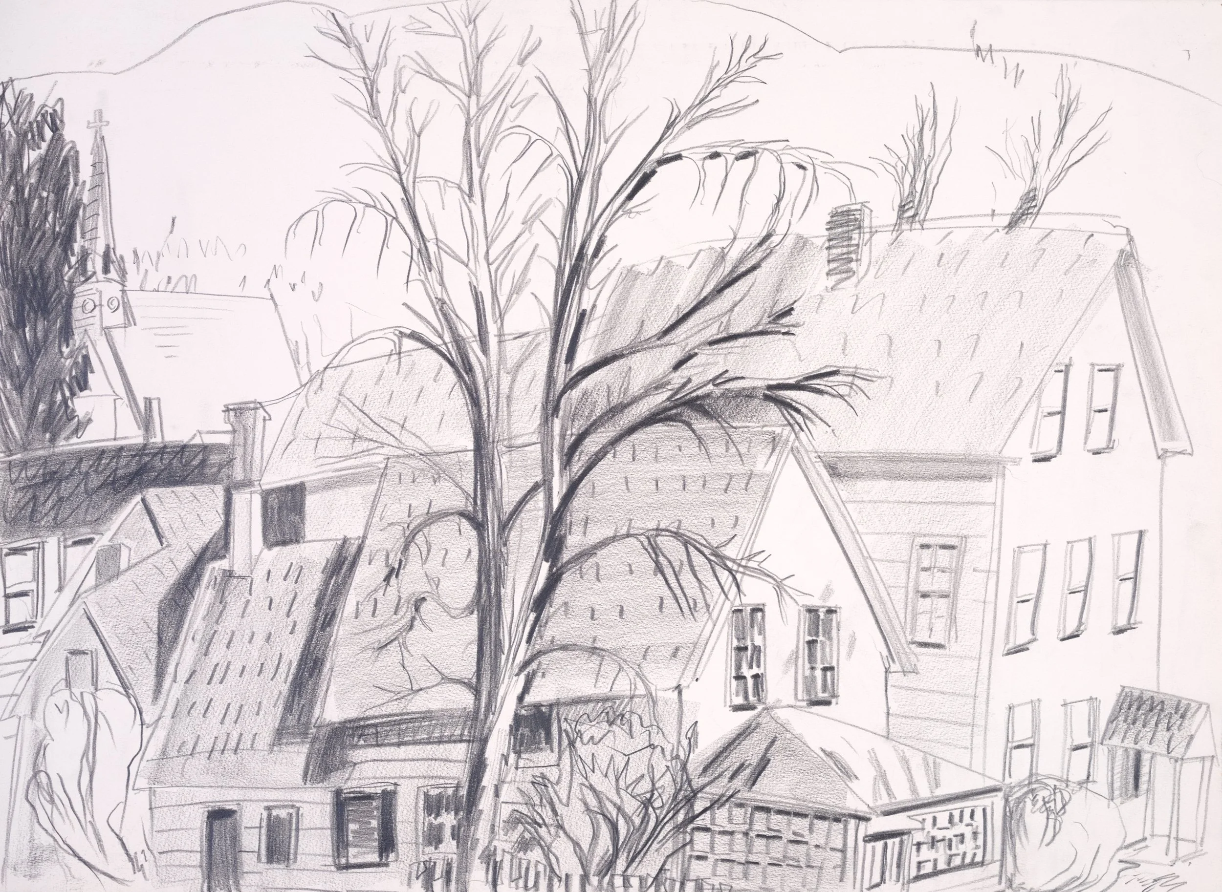 A pencil sketch of a large leafless tree in front of several houses with detailed rooftops, windows, and chimneys, with hills in the background.