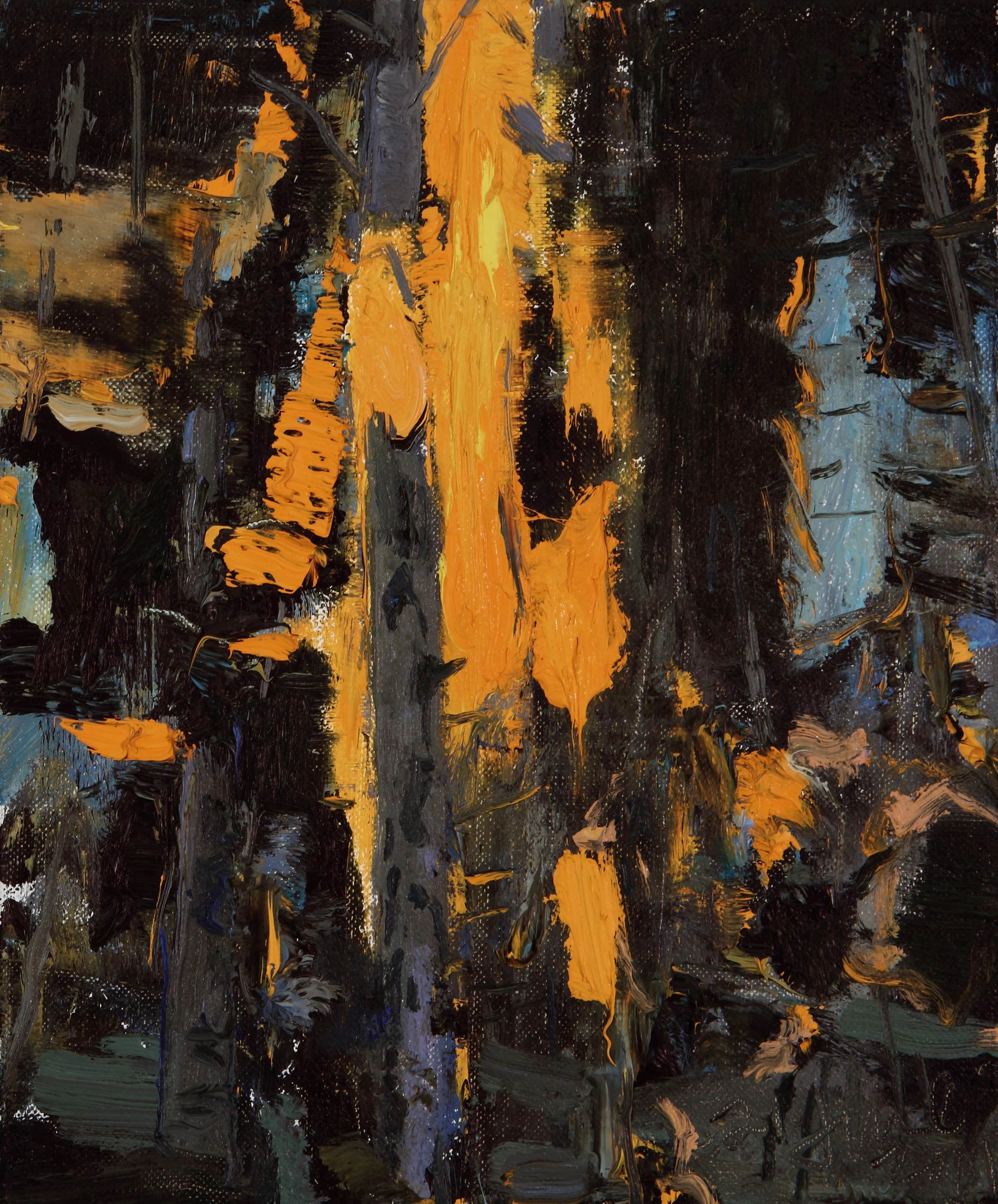 An abstract painting with bold, textured brushstrokes in dark shades of black and blue, contrasted by bright yellow and orange streaks, creating a dynamic and vivid composition.